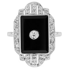 Diamond & Black Onyx Art Deco Style Dinner 14K White Gold Ring