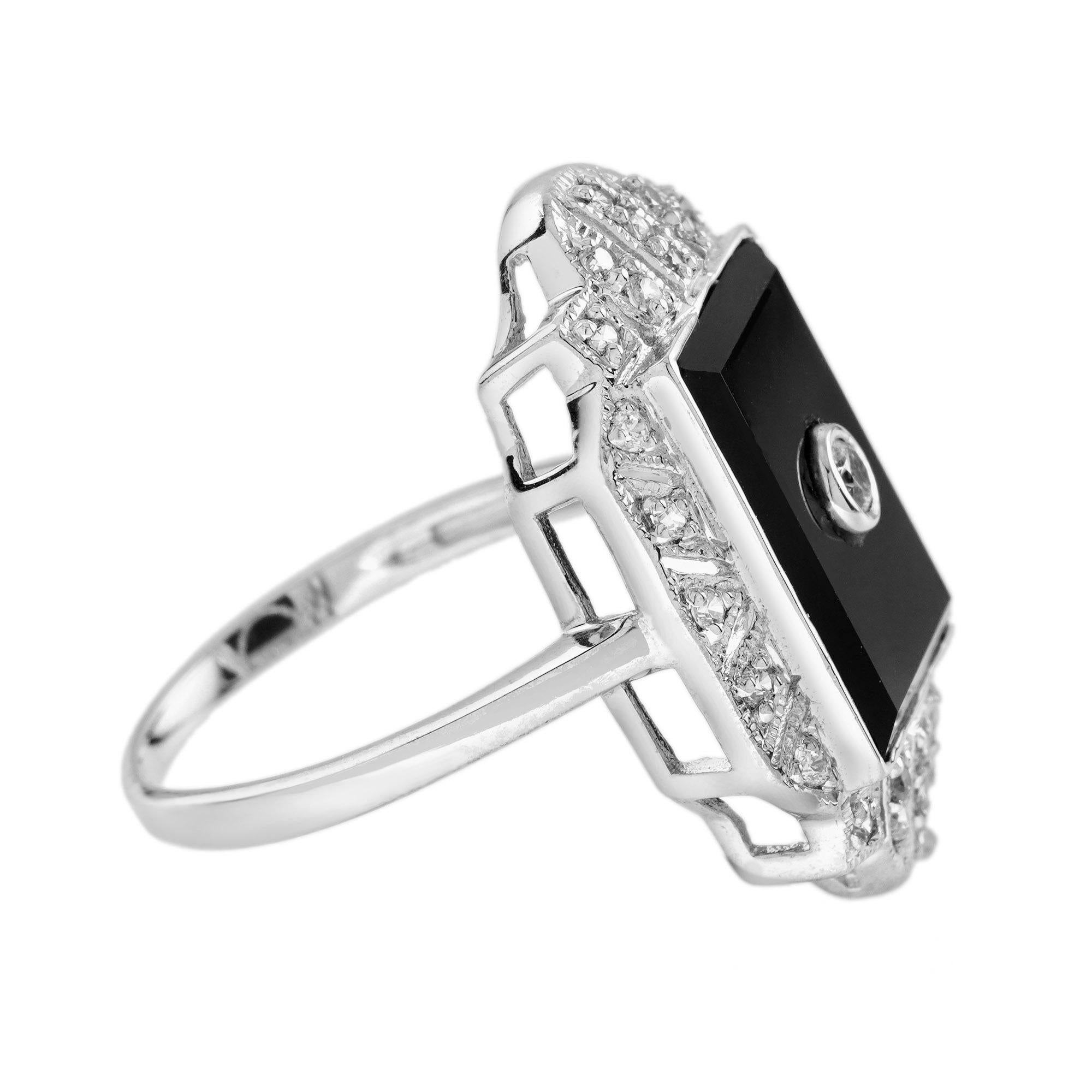 Art Déco Anello con diamante e onice nero in stile Art Deco a cena in oro bianco 14K in vendita