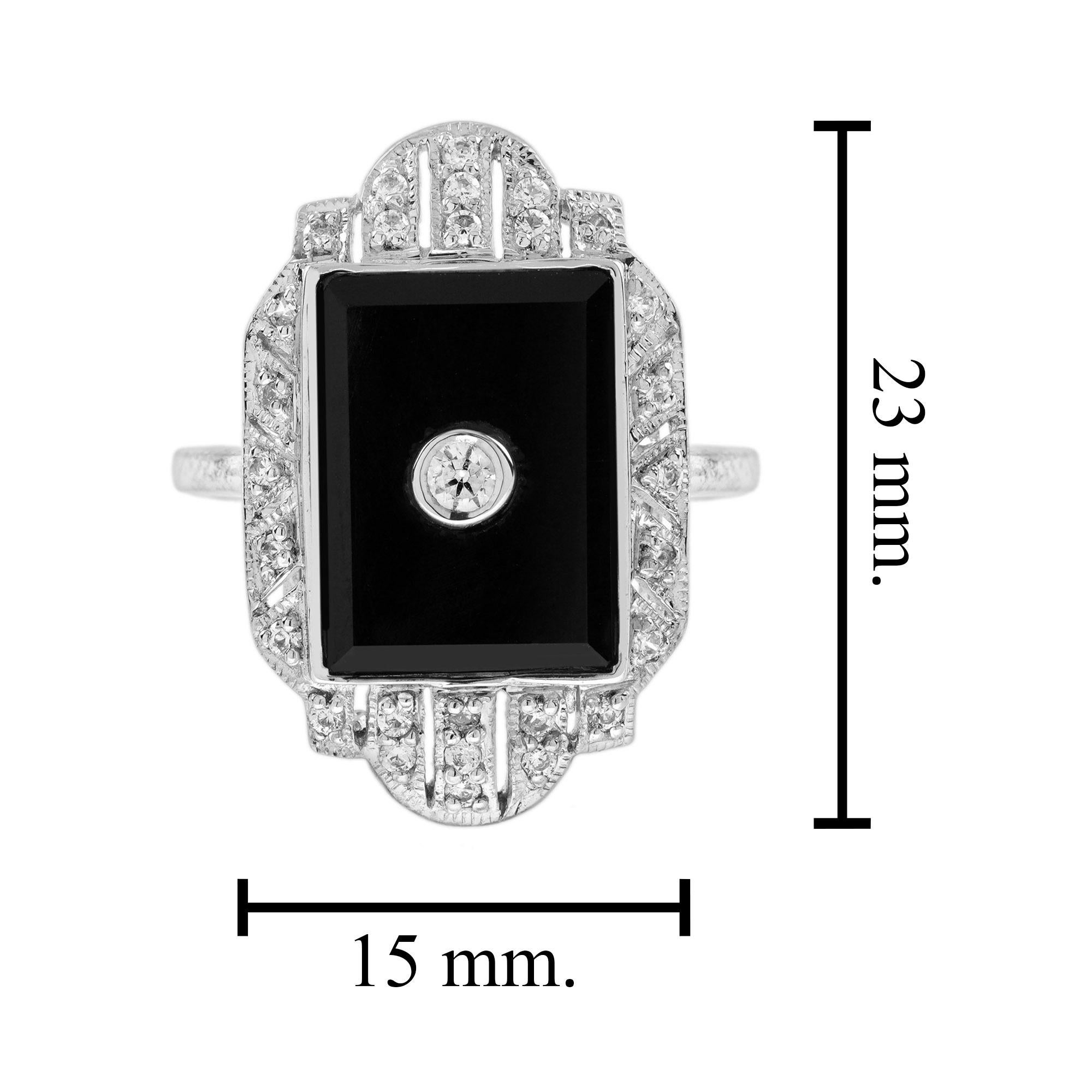 Donna Anello con diamante e onice nero in stile Art Deco a cena in oro bianco 14K in vendita