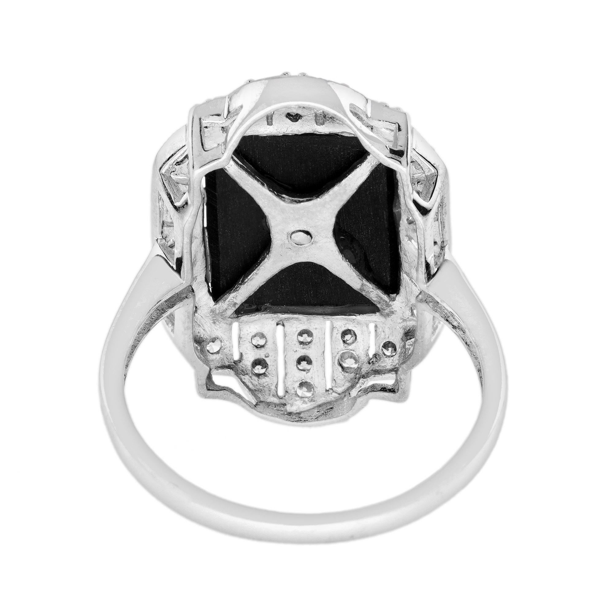 Taglio rotondo Anello con diamante e onice nero in stile Art Deco a cena in oro bianco 14K in vendita