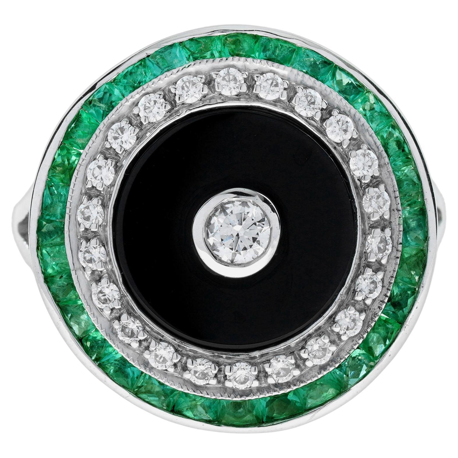 Bague en or blanc 14K diamant onyx émeraude style art déco cible cocktail