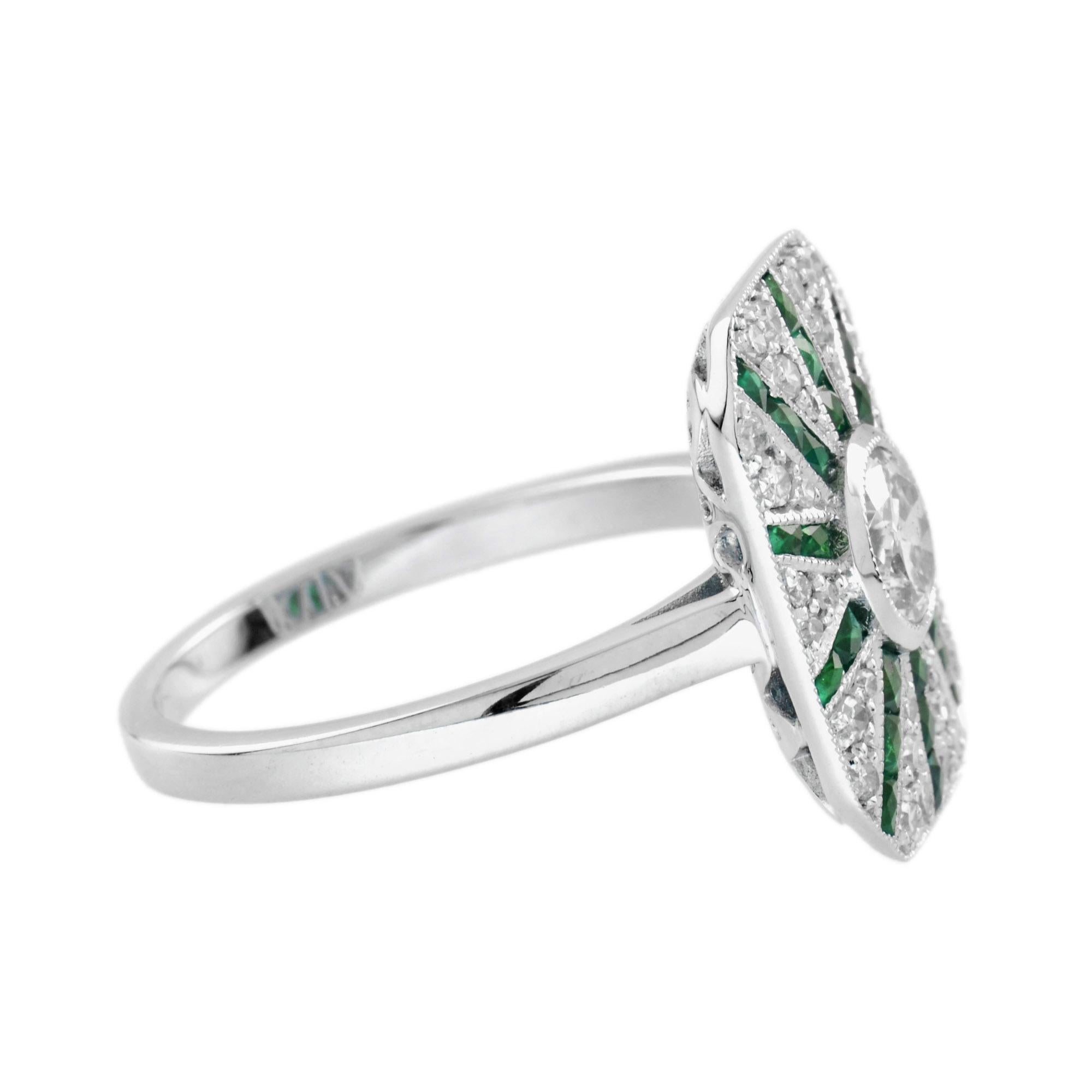 Diamant & Smaragd Art Deco Stil Halo Sunburst 14K Weißgold Ring (Art déco) im Angebot