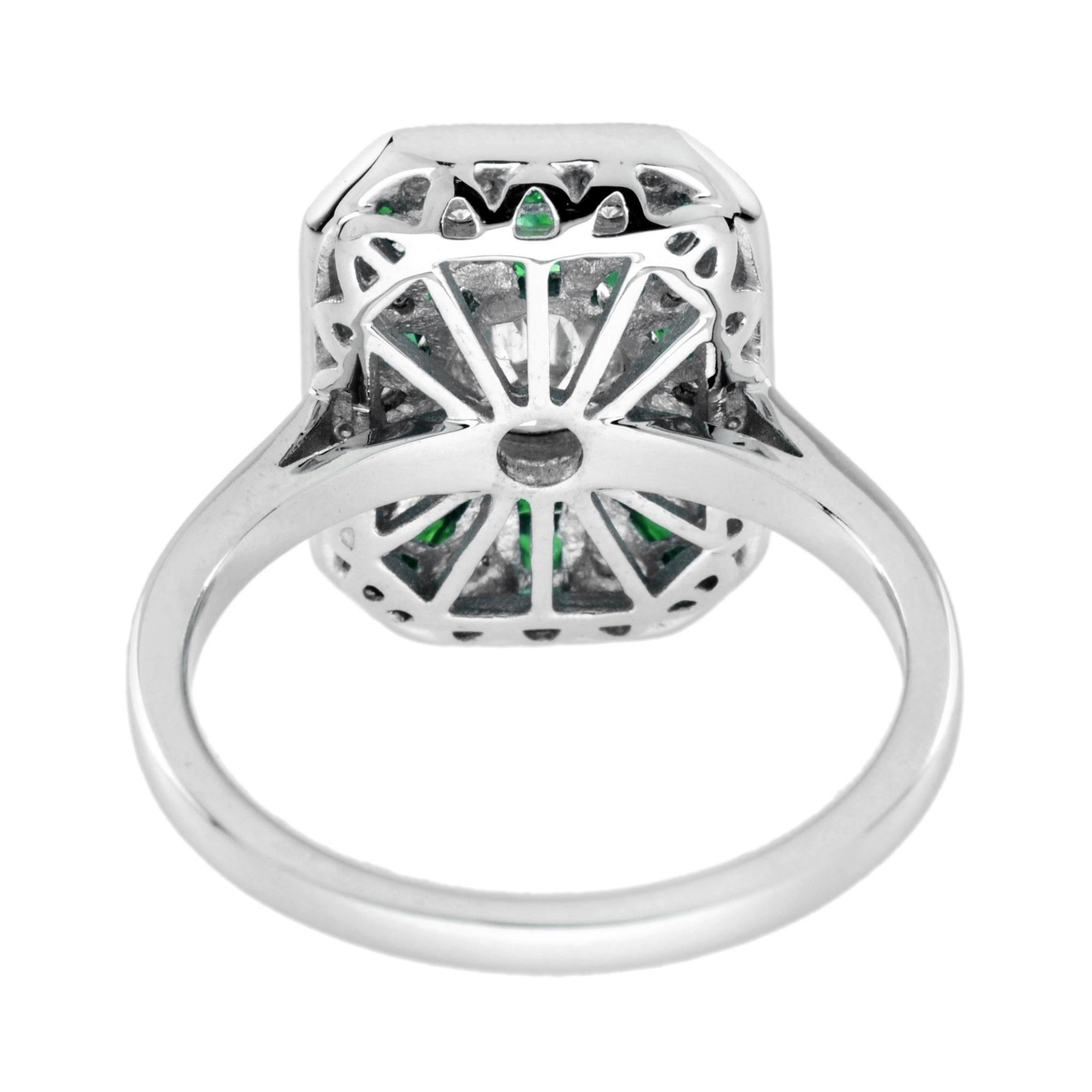 Diamant & Smaragd Art Deco Stil Halo Sunburst 14K Weißgold Ring (Rundschliff) im Angebot