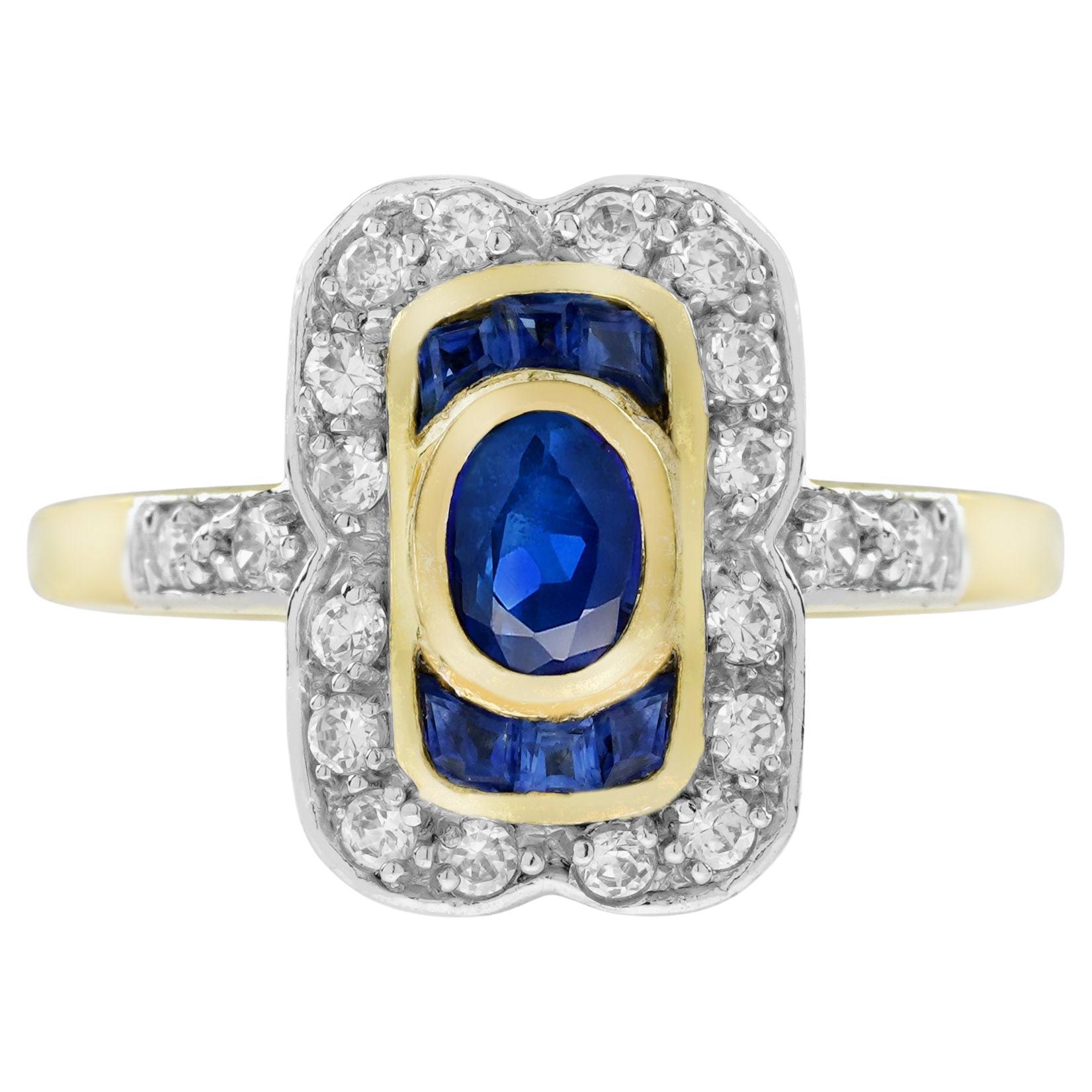 Bague de fiançailles en or jaune 14K, saphir bleu ovale et diamant, style Art déco en vente