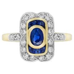 Oval Blue Sapphire & Diamond Art Deco Style Engagement 14K Yellow Gold Ring