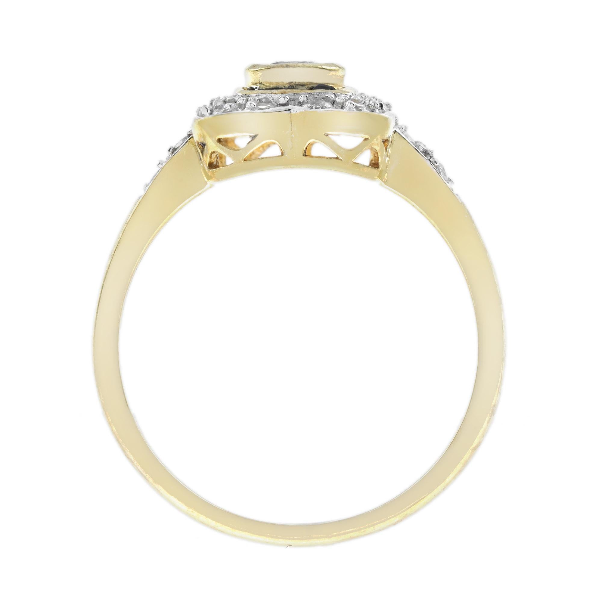 Bague de fiançailles en or jaune 14K, saphir bleu ovale et diamant, style Art déco Unisexe en vente
