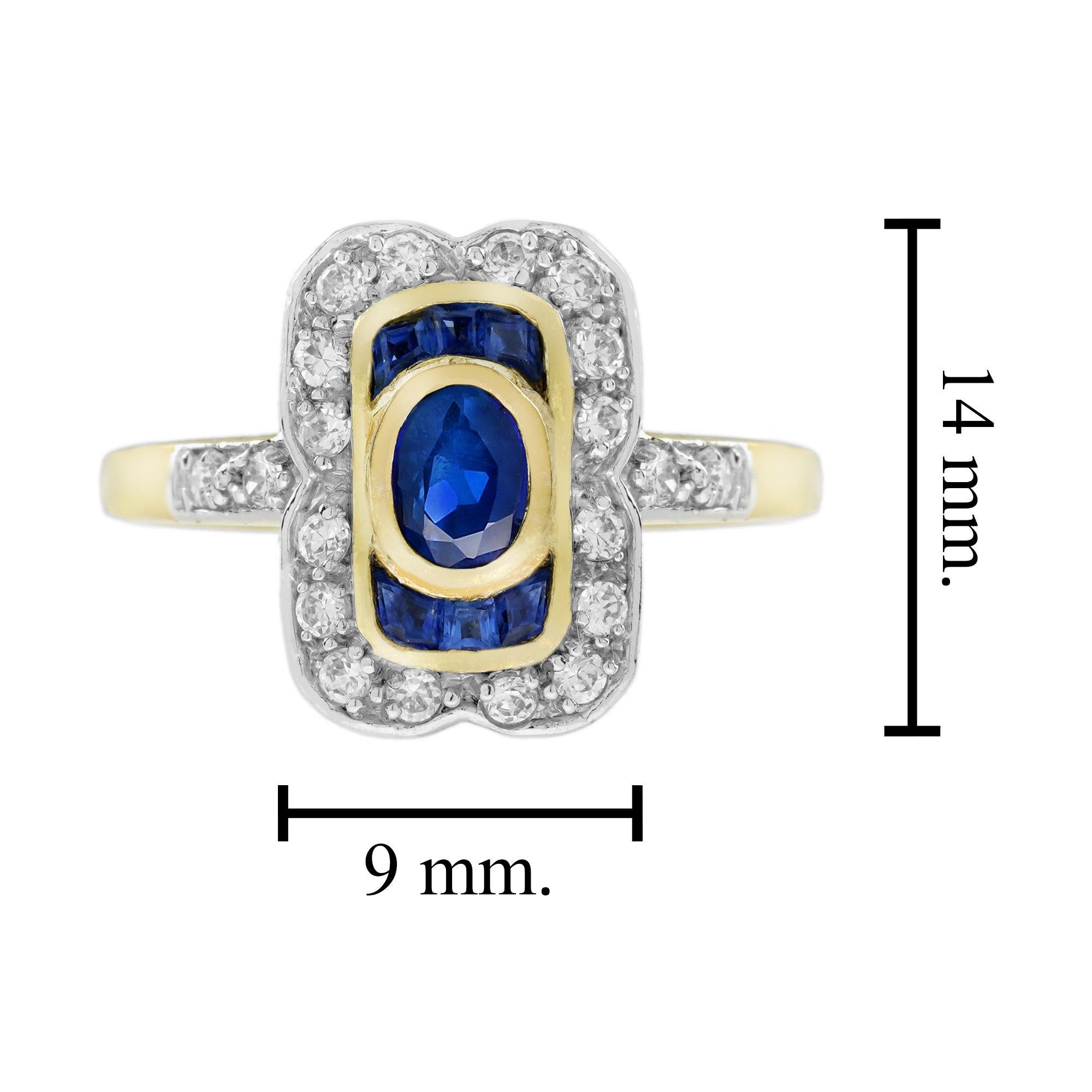 Bague de fiançailles en or jaune 14K, saphir bleu ovale et diamant, style Art déco en vente 2