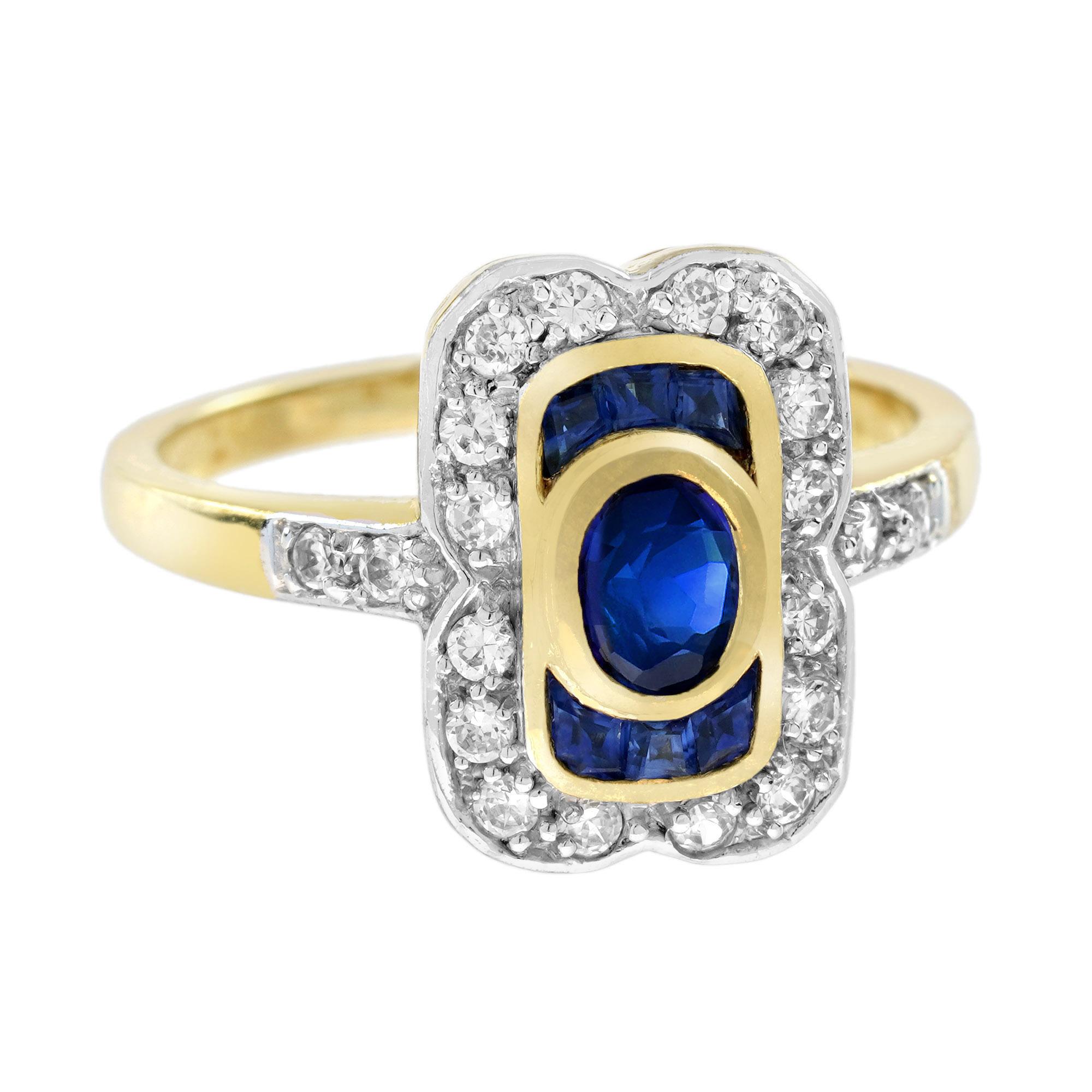 Cette bague d'inspiration Art déco, composée de saphirs bleus et de diamants, est absolument époustouflante. Les saphirs bleus de taille française entourent un saphir central ovale, tel un bassin d'eau dans une fontaine. L'éclat se poursuit sur les