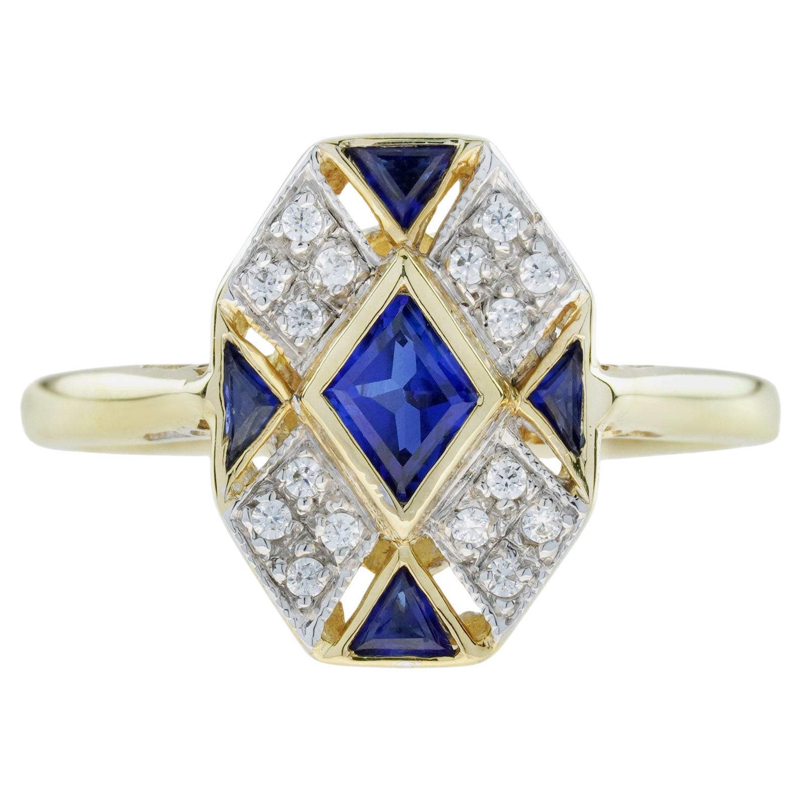 Anello a forma di rombo con zaffiro blu e diamante in stile Art Deco a grappolo in oro 14 carati in vendita