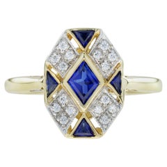Rhombus Shape Blue Sapphire & Diamond Art Deco Style Cluster 14K Gold Ring