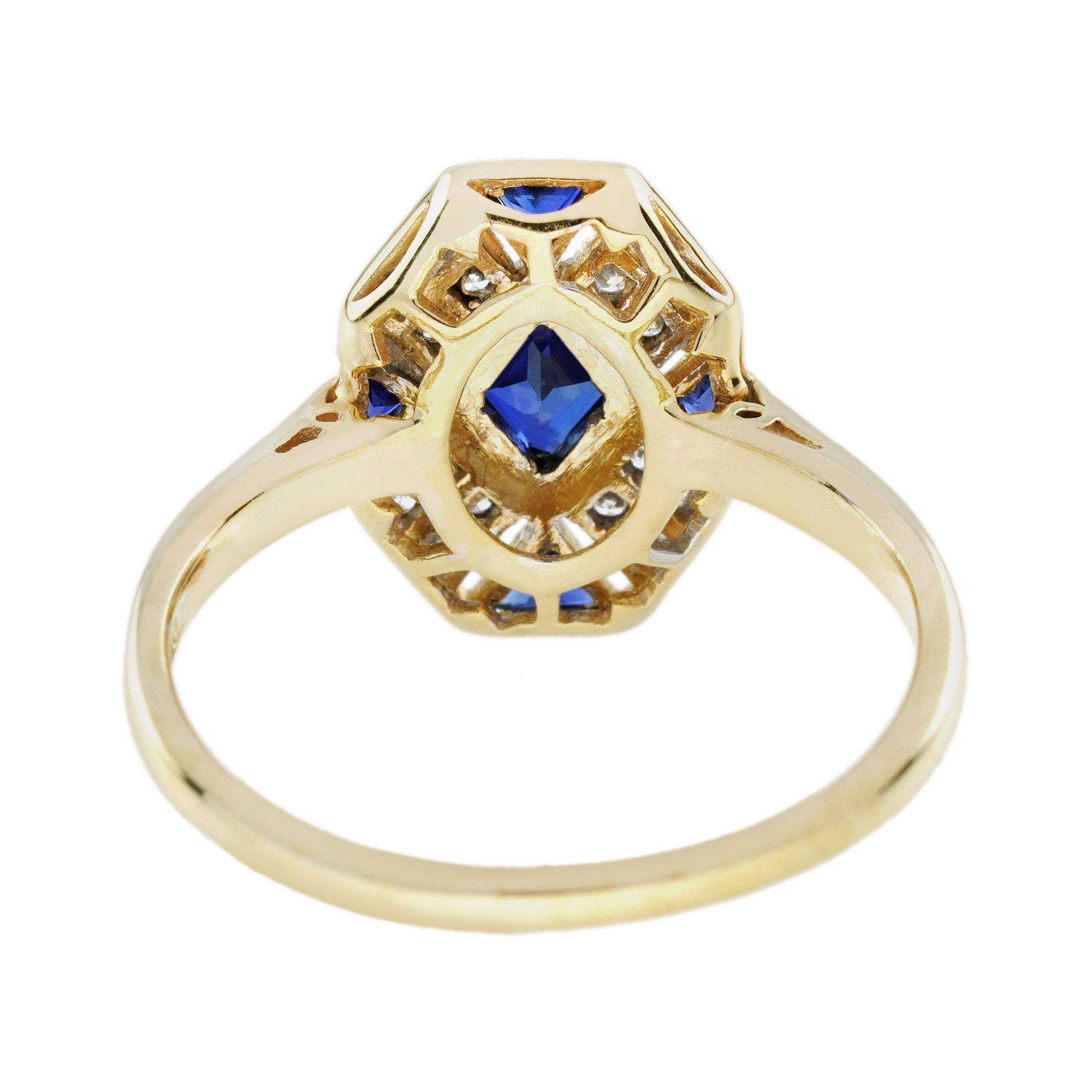 Taglio misto Anello a forma di rombo con zaffiro blu e diamante in stile Art Deco a grappolo in oro 14 carati in vendita