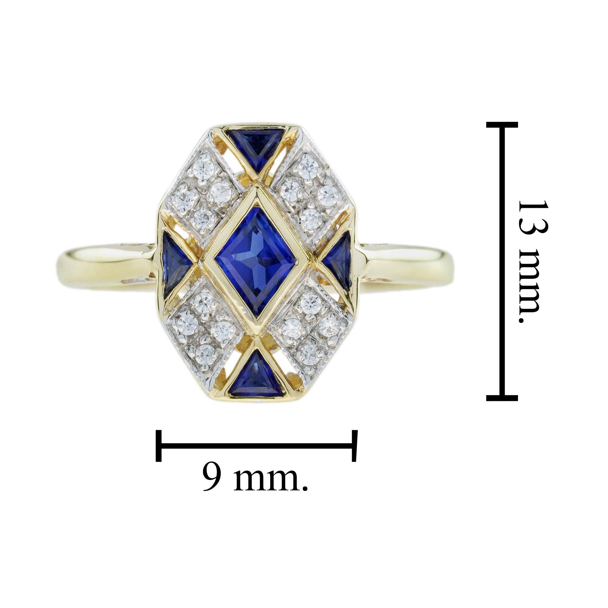 Anello a forma di rombo con zaffiro blu e diamante in stile Art Deco a grappolo in oro 14 carati in vendita 1