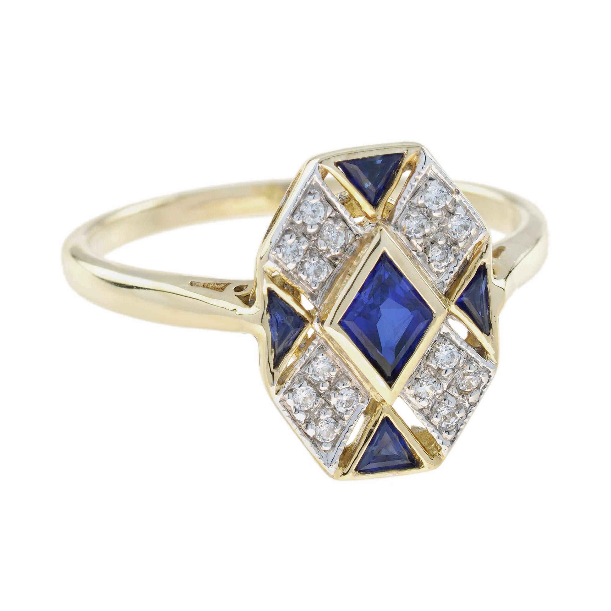 Ispirato all'Art Deco, con zaffiro blu centrale rettangolare. Inoltre, ci sono quattro zaffiri taglio francese. L'anello ha anche un ulteriore accento di diamante di 0.14 carati. È una scelta eccellente per un anello di fidanzamento elegante o per