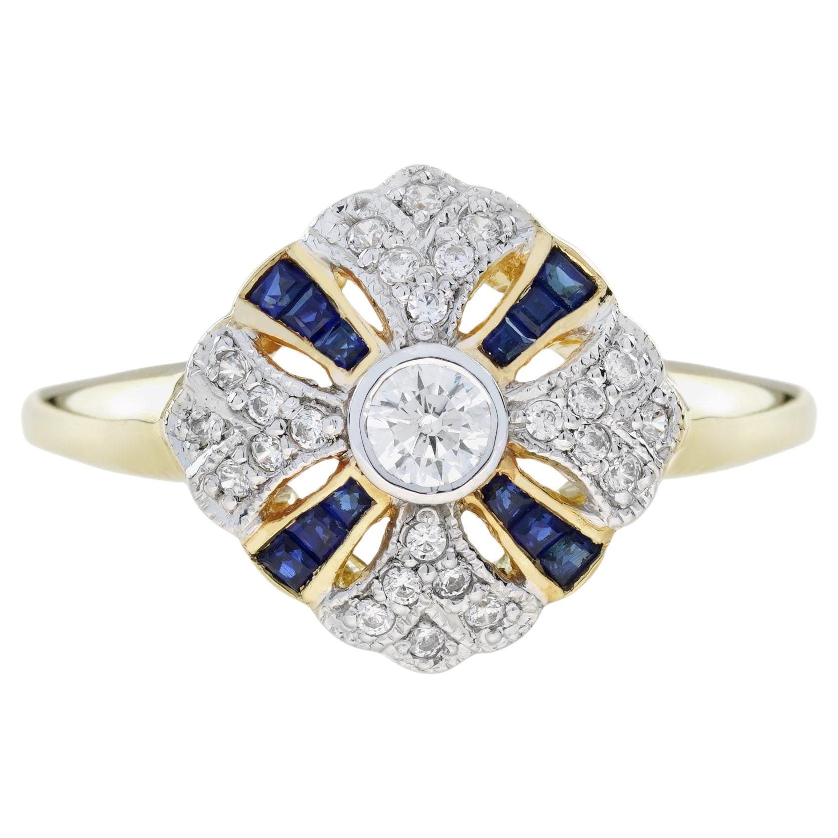 Bague en or jaune 14K de style vintage avec saphir bleu et diamant en vente