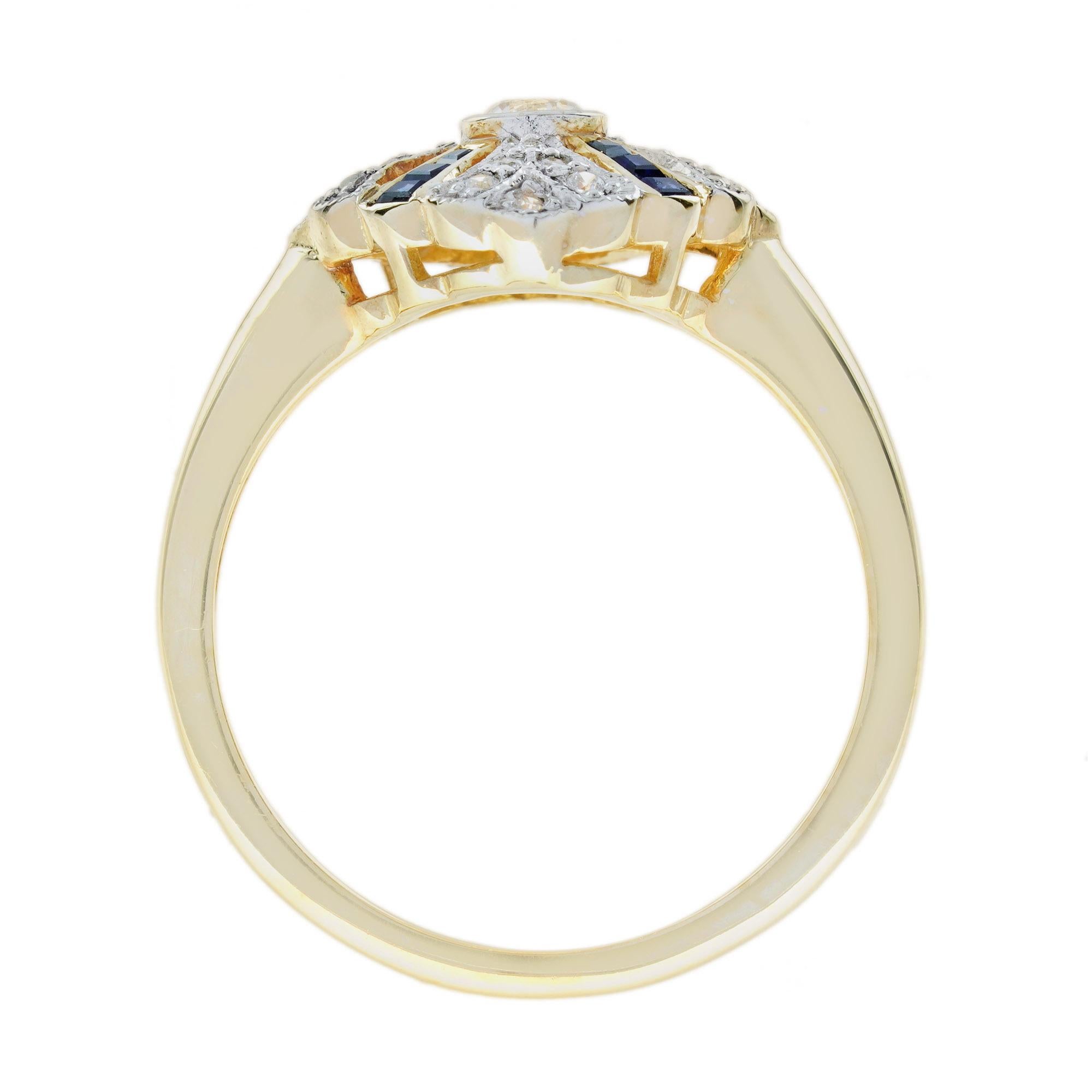 Bague en or jaune 14K de style vintage avec saphir bleu et diamant Neuf - En vente à Oakton, VA