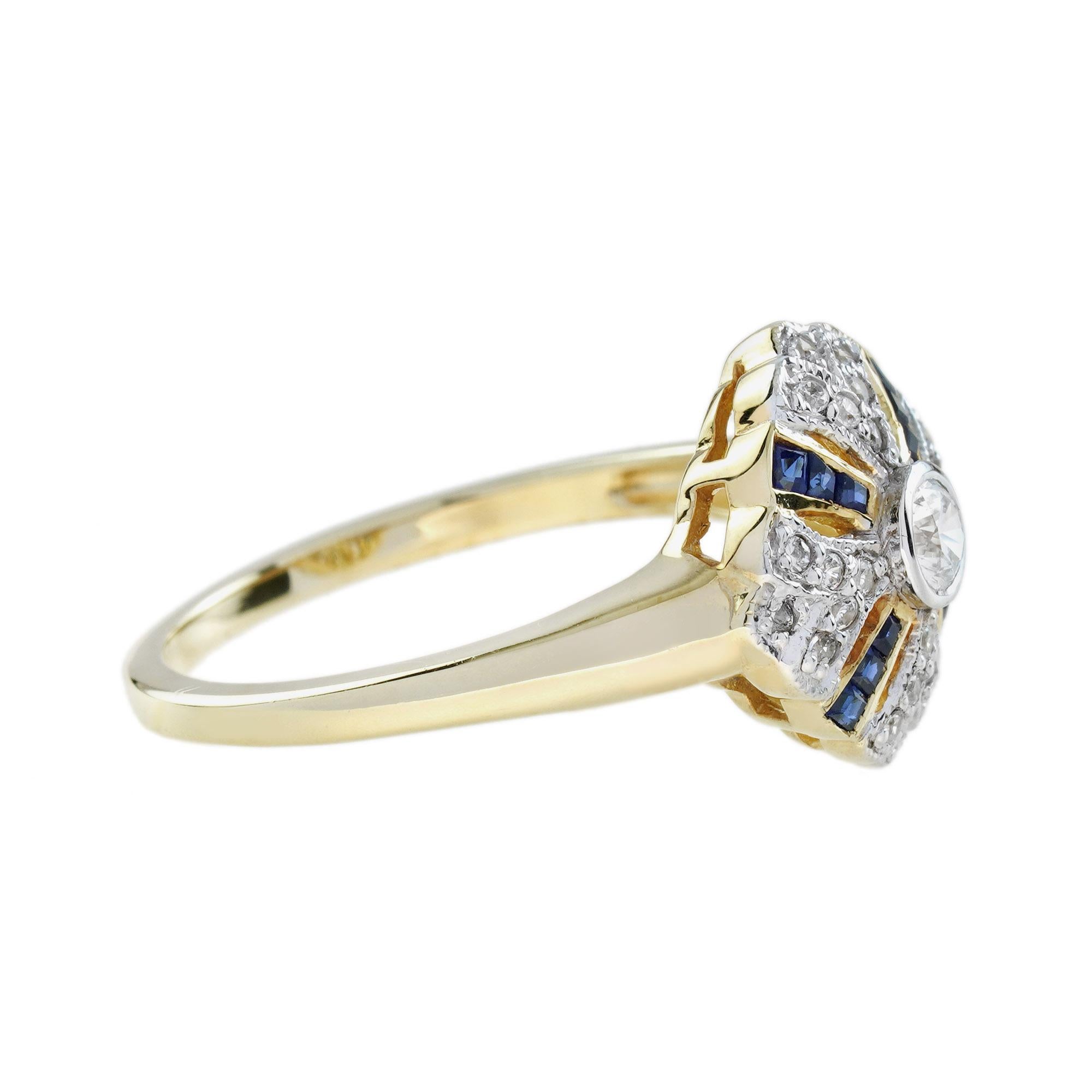 Taille ronde Bague en or jaune 14K de style vintage avec saphir bleu et diamant en vente
