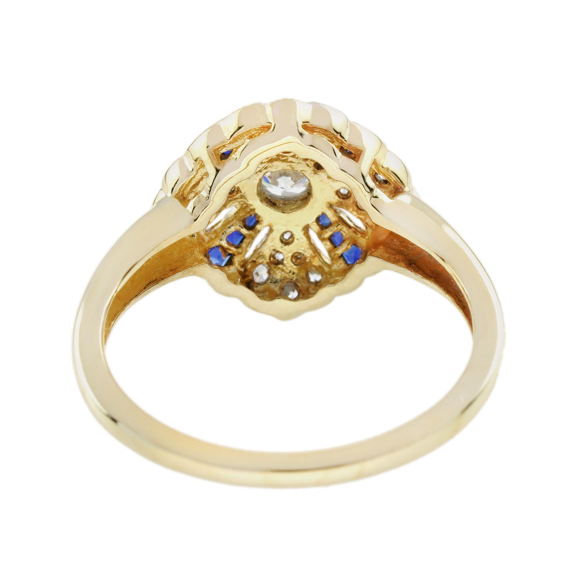 Bague en or jaune 14K de style vintage avec saphir bleu et diamant Pour femmes en vente