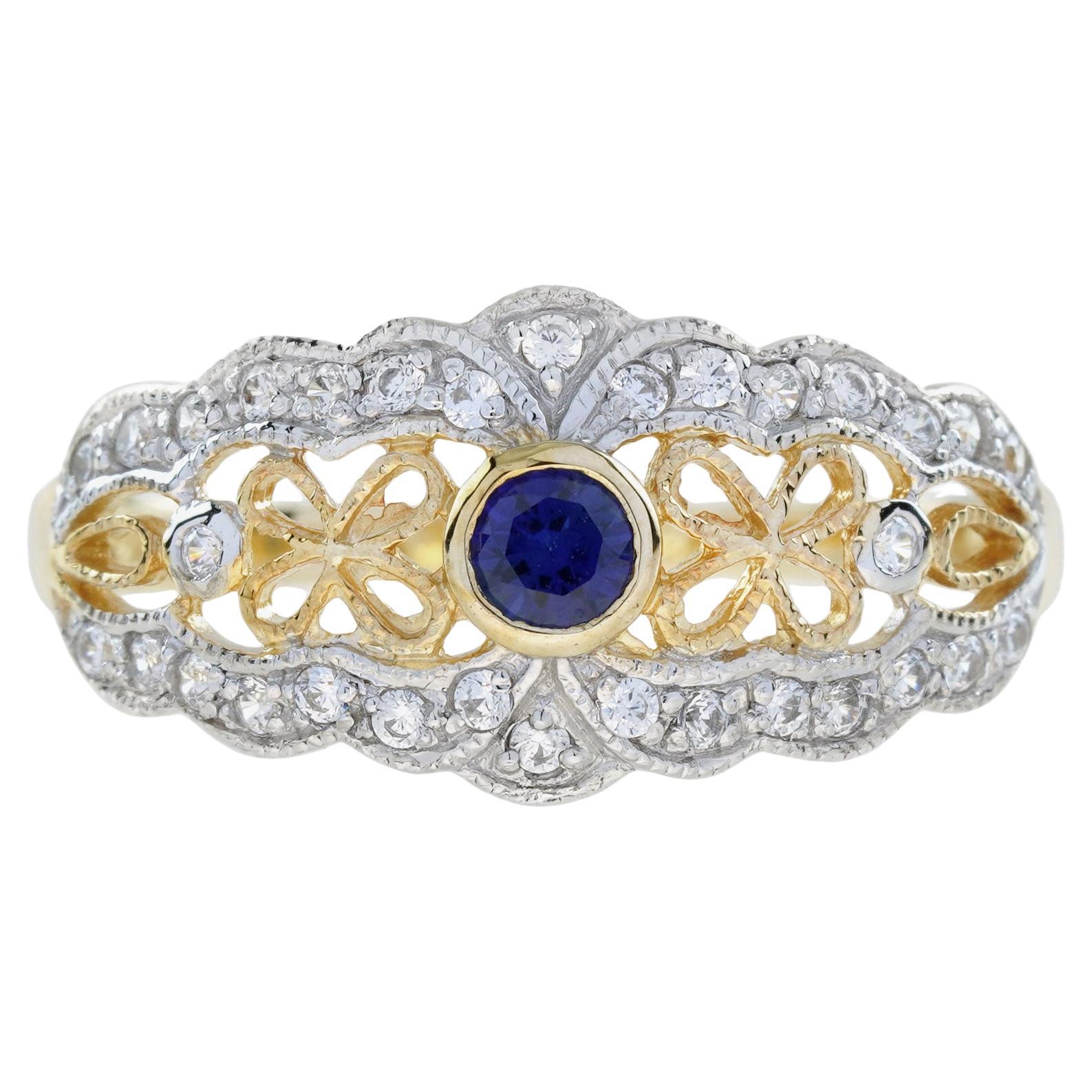 Bague en or jaune 14K filigrane de style vintage avec saphir bleu et diamant en vente