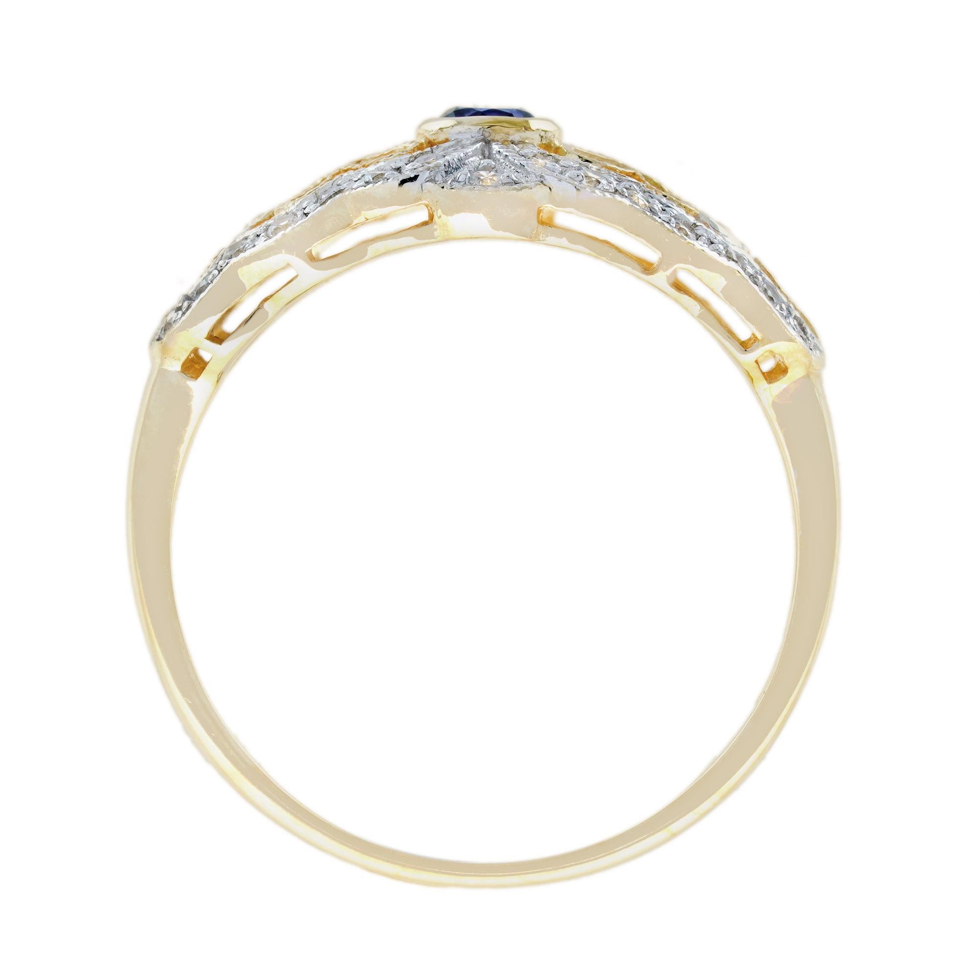 Bague en or jaune 14K filigrane de style vintage avec saphir bleu et diamant Unisexe en vente
