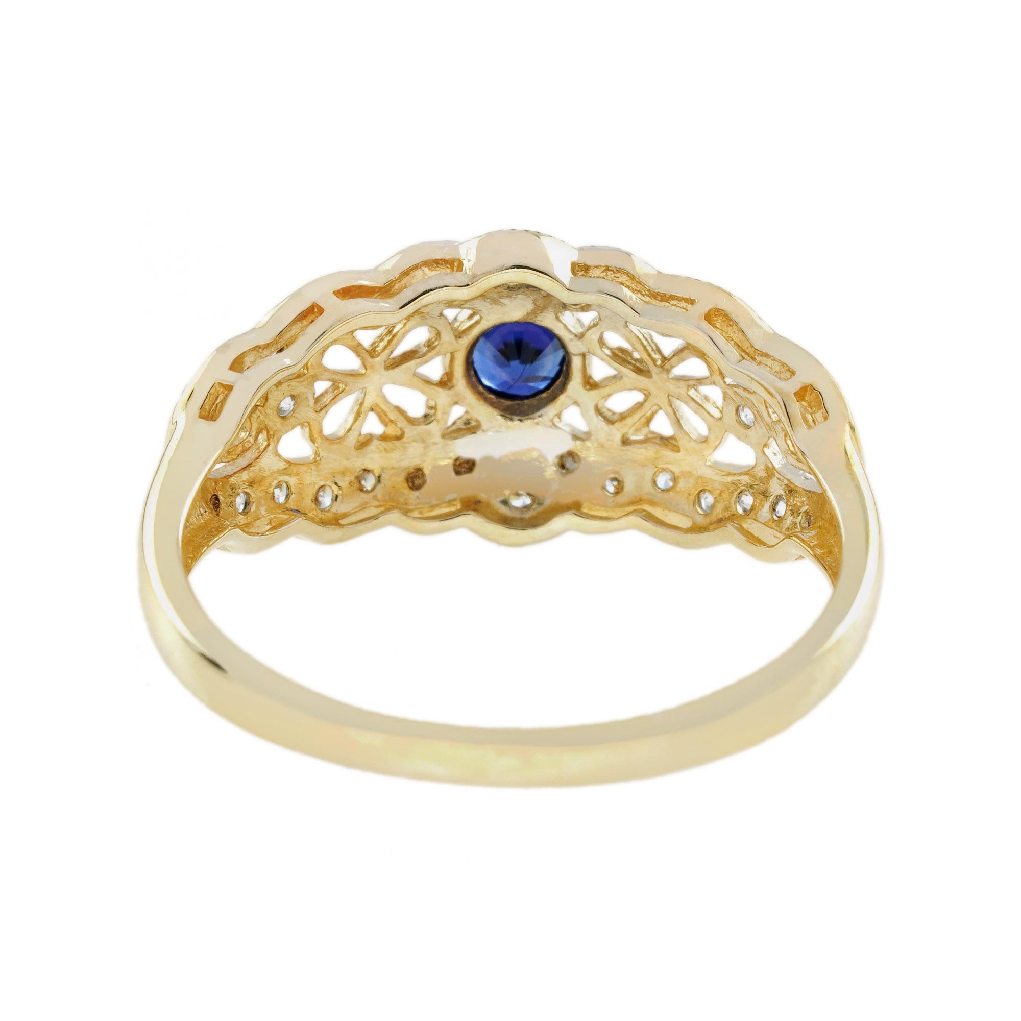 Taille ronde Bague en or jaune 14K filigrane de style vintage avec saphir bleu et diamant en vente