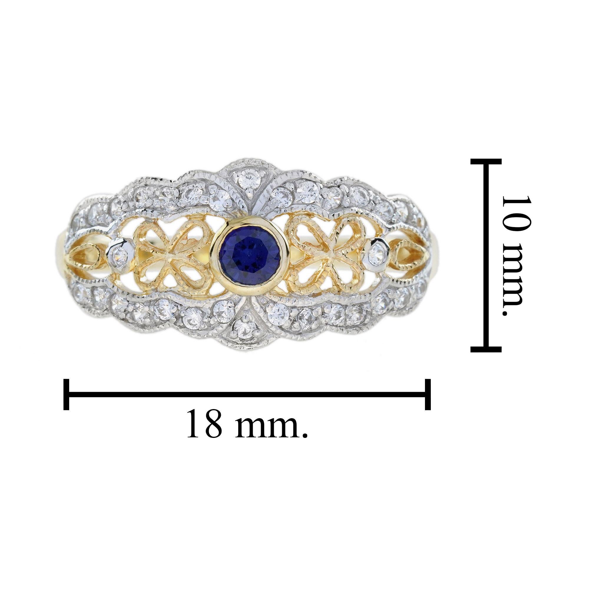 Bague en or jaune 14K filigrane de style vintage avec saphir bleu et diamant en vente 1