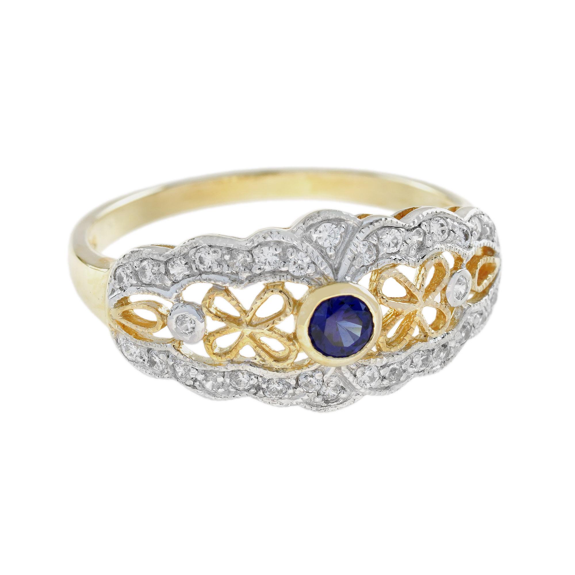 Bague en or jaune 14K filigrane de style vintage avec saphir bleu et diamant Neuf - En vente à Oakton, VA