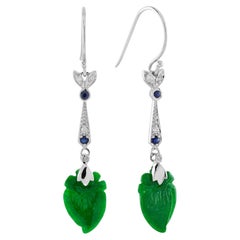 Peach Fruit Carved Jade Sapphire Diamond Vintage Style 9K White Gold Earrings
