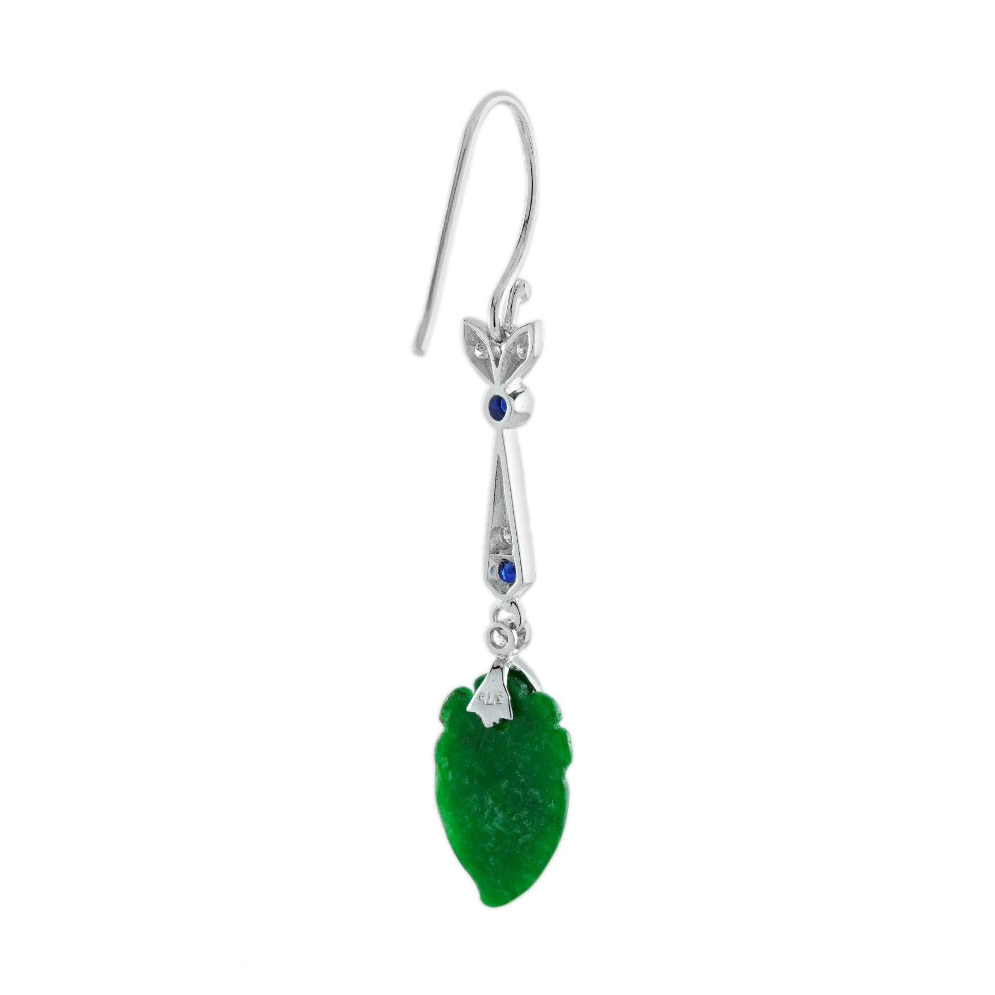 Pfirsich Frucht geschnitzt Jade Saphir Diamant Vintage Style 9K Weißgold Ohrringe (Rundschliff) im Angebot