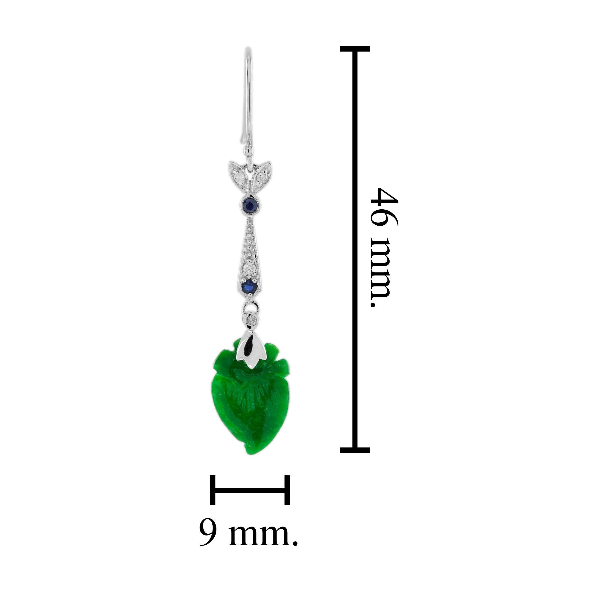 Pfirsich Frucht geschnitzt Jade Saphir Diamant Vintage Style 9K Weißgold Ohrringe im Zustand „Gut“ im Angebot in Oakton, VA