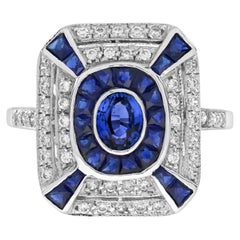 Oval Shape Blue Sapphire & Diamond Art Deco Style Halo 14K White Gold Ring