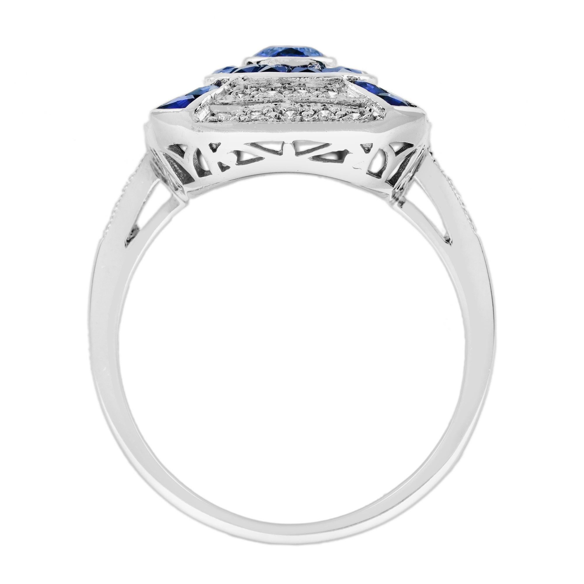 Anello con zaffiro blu di forma ovale e diamante in stile Art Deco con alone in oro bianco 14 carati In condizioni Nuovo in vendita a Oakton, VA