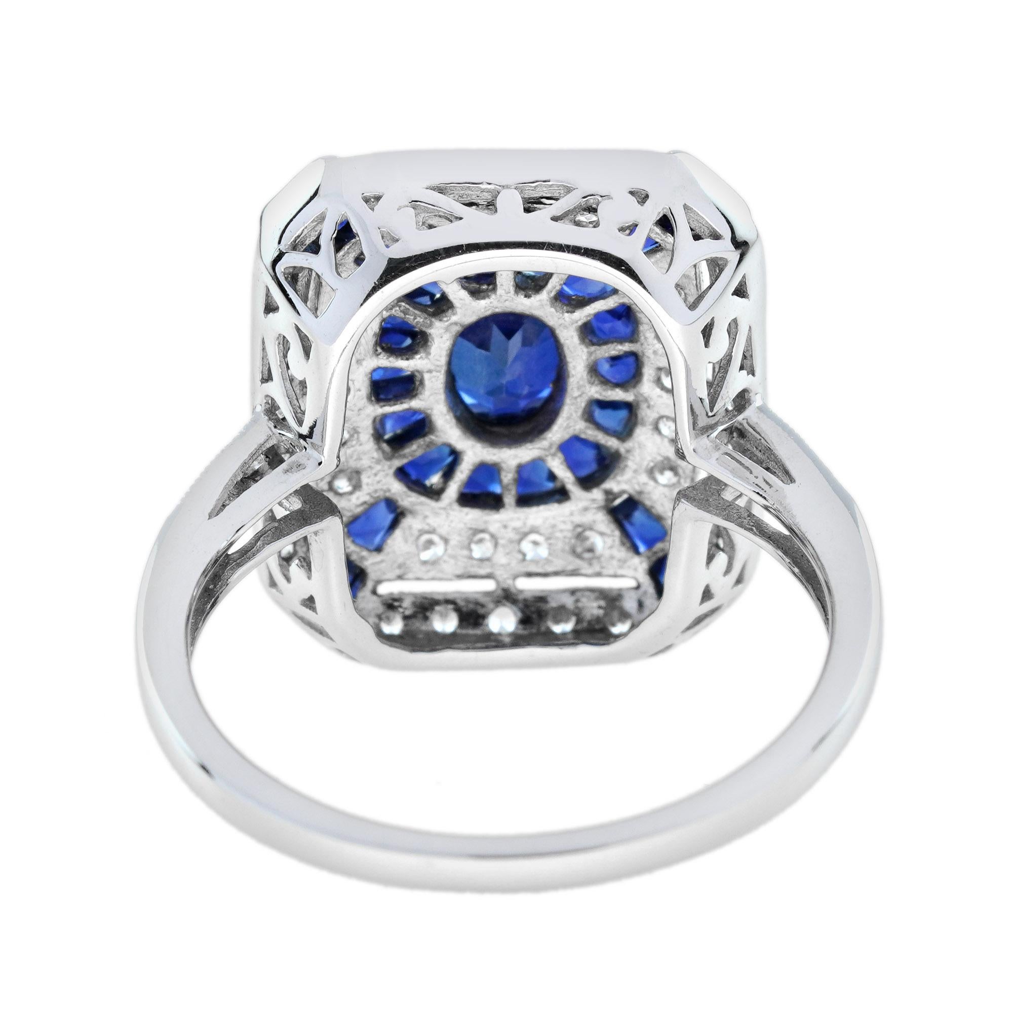 Taglio ovale Anello con zaffiro blu di forma ovale e diamante in stile Art Deco con alone in oro bianco 14 carati in vendita