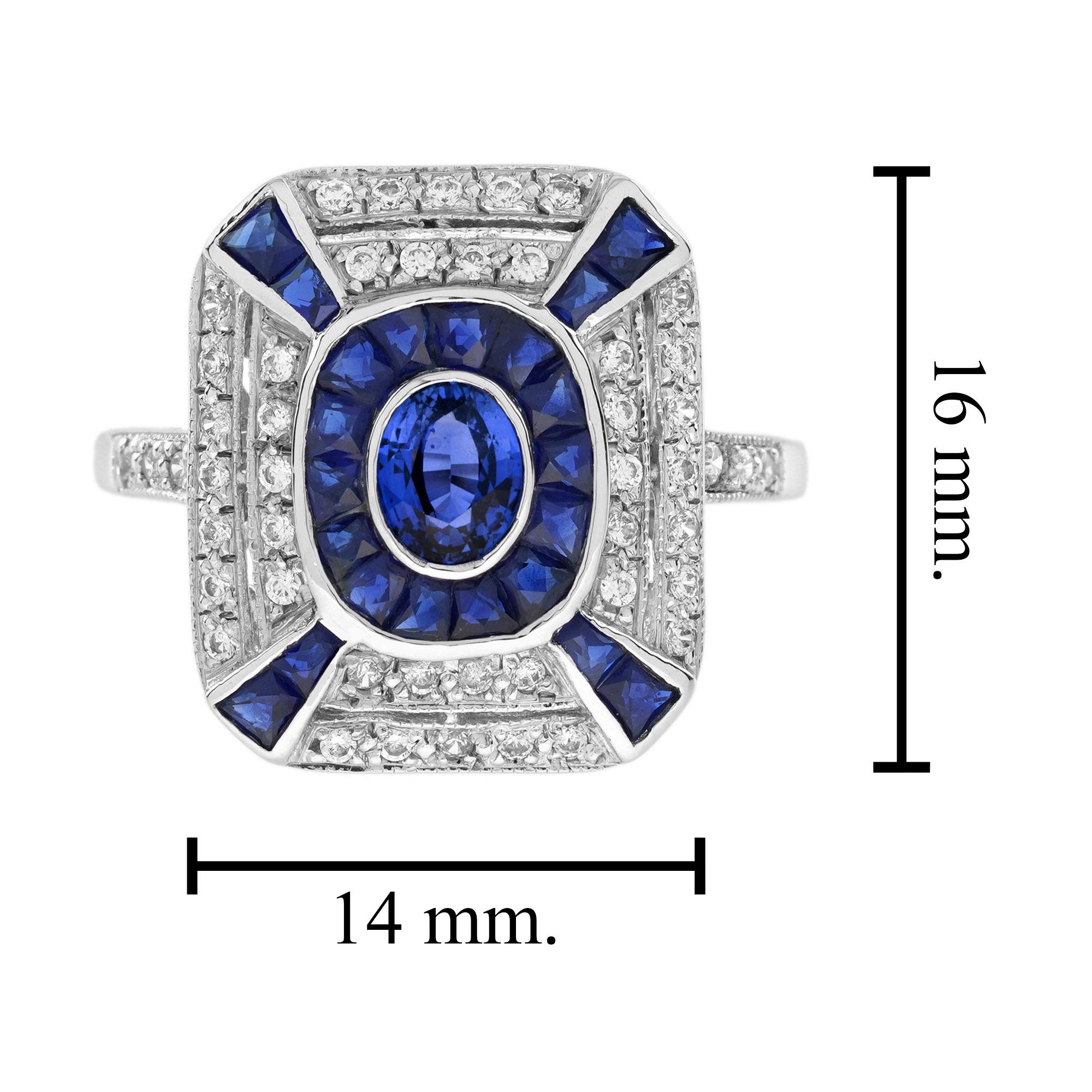 da uomo o donna Anello con zaffiro blu di forma ovale e diamante in stile Art Deco con alone in oro bianco 14 carati in vendita
