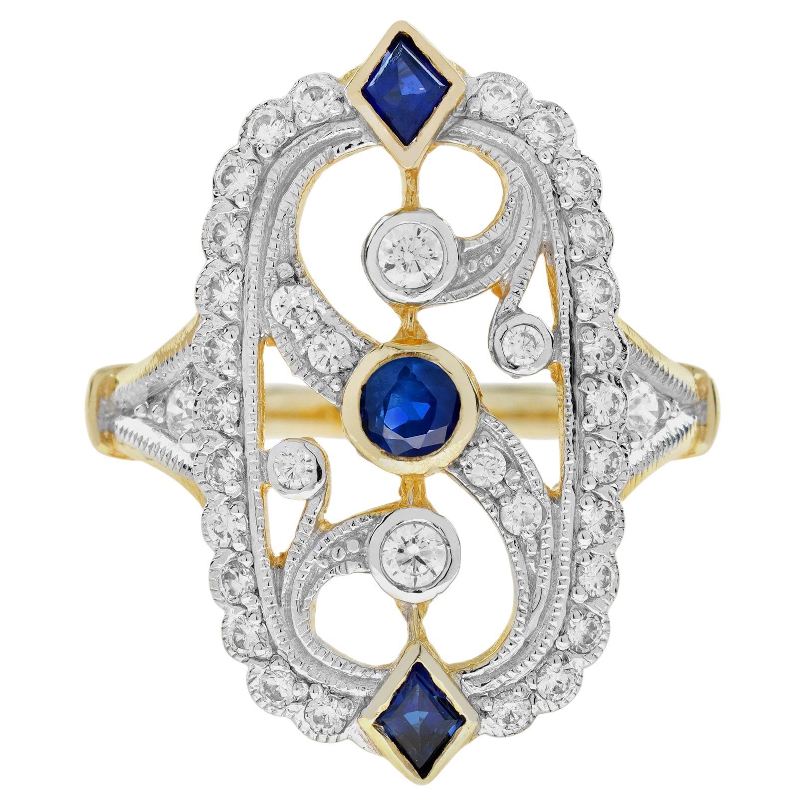 Saphir bleu Diamant Style Vintage Filigrane 14K Jaune Blanc Bague en or bicolore