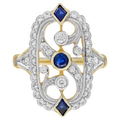 Blue Sapphire Diamond Vintage Style Filigree 14K White Yellow TwoTone Gold Ring