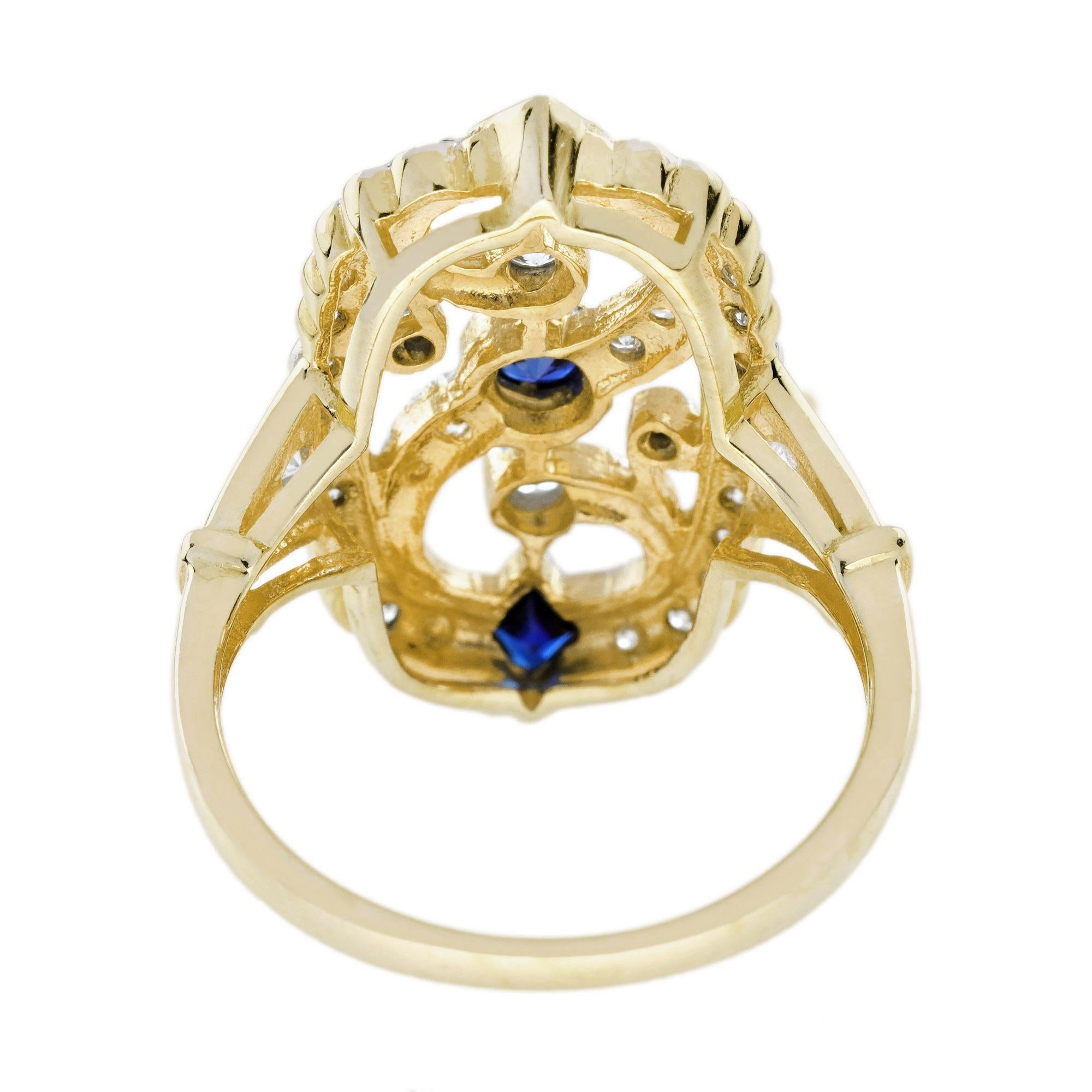 Blauer Saphir Diamant Vintage Style Filigraner 14K Weiß Gelb Zweifarbiger Gold Ring (Viktorianisch) im Angebot