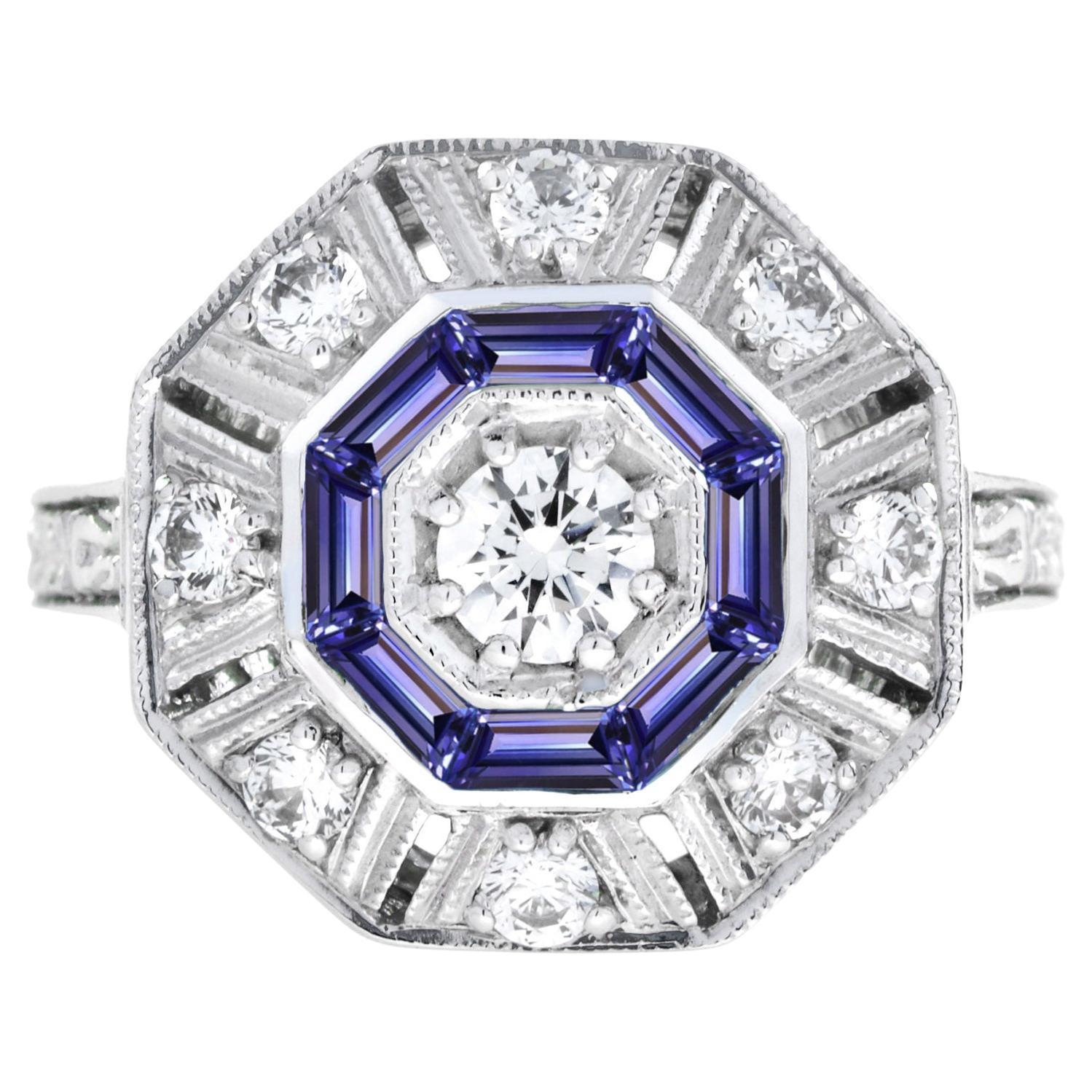 Anello con tanzanite blu e diamanti in stile Art Deco a forma di esagono Target in oro bianco 18 carati in vendita