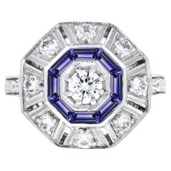 Blue Tanzanite & Diamond Art Deco Style Target Hexagon Shape 18K White Gold Ring