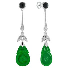 Orange Fruite Carved Jade Diamond Onyx Vintage Style 9K White Gold Earrings