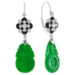 Orange Fruit Carved Jade Diamond Enamel Vintage Style 9K White Gold Earrings