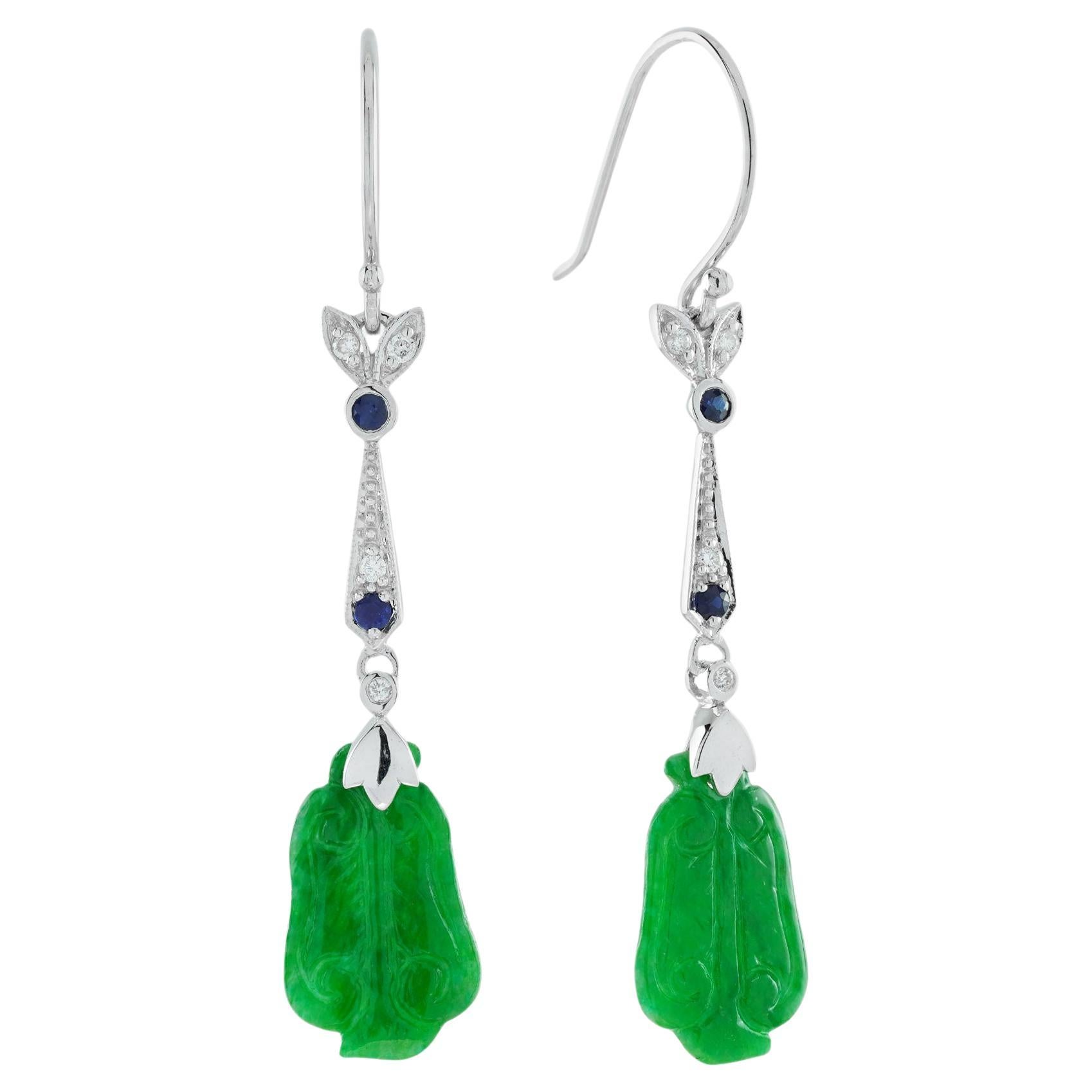 Geschnitzte Jade-Saphir-Diamant-Baumel-Ohrringe aus Weißgold im Angebot