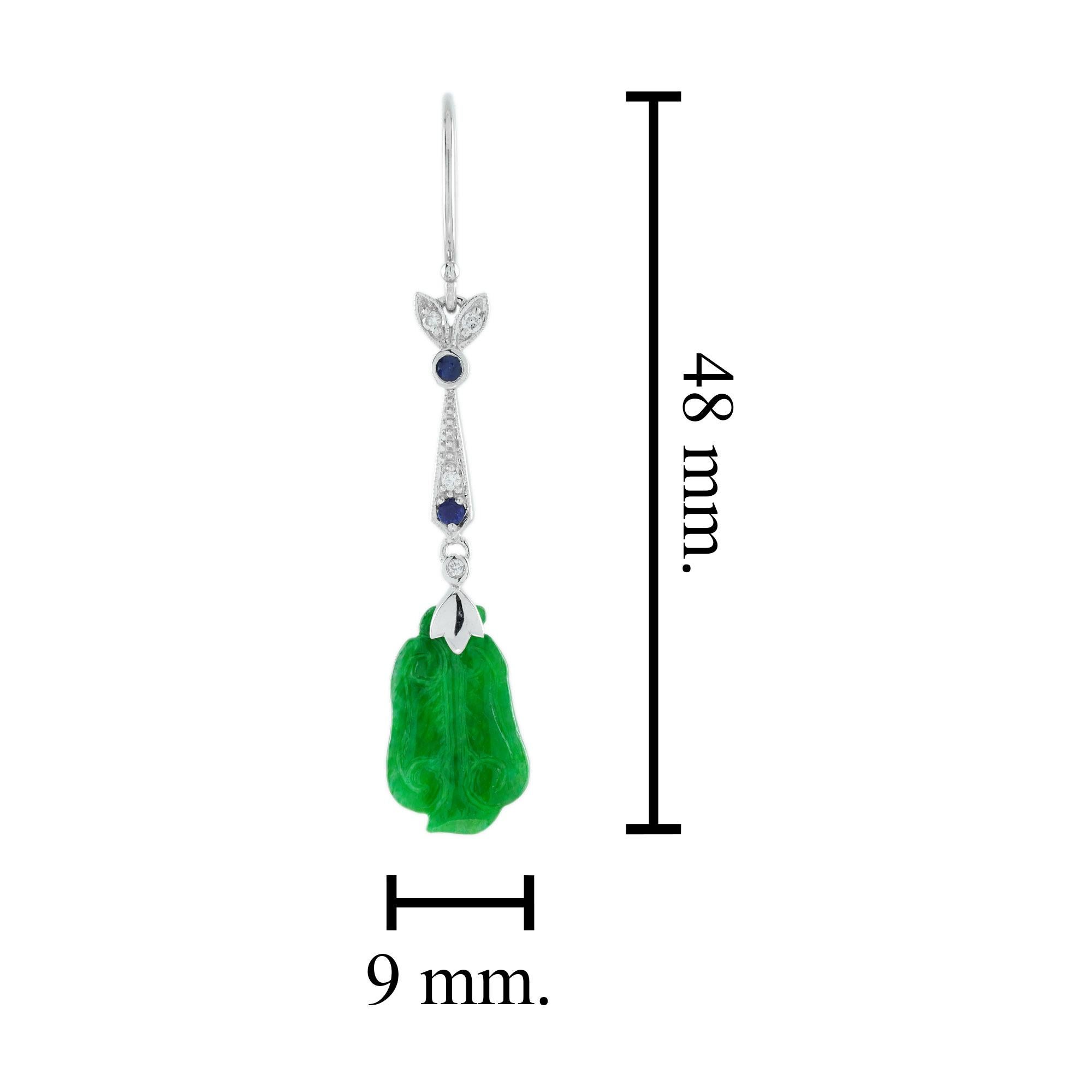 Geschnitzte Jade-Saphir-Diamant-Baumel-Ohrringe aus Weißgold im Zustand „Gut“ im Angebot in Oakton, VA