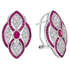 Ruby & Diamond Art Deco Style Lever Back 18K White Gold Earrings