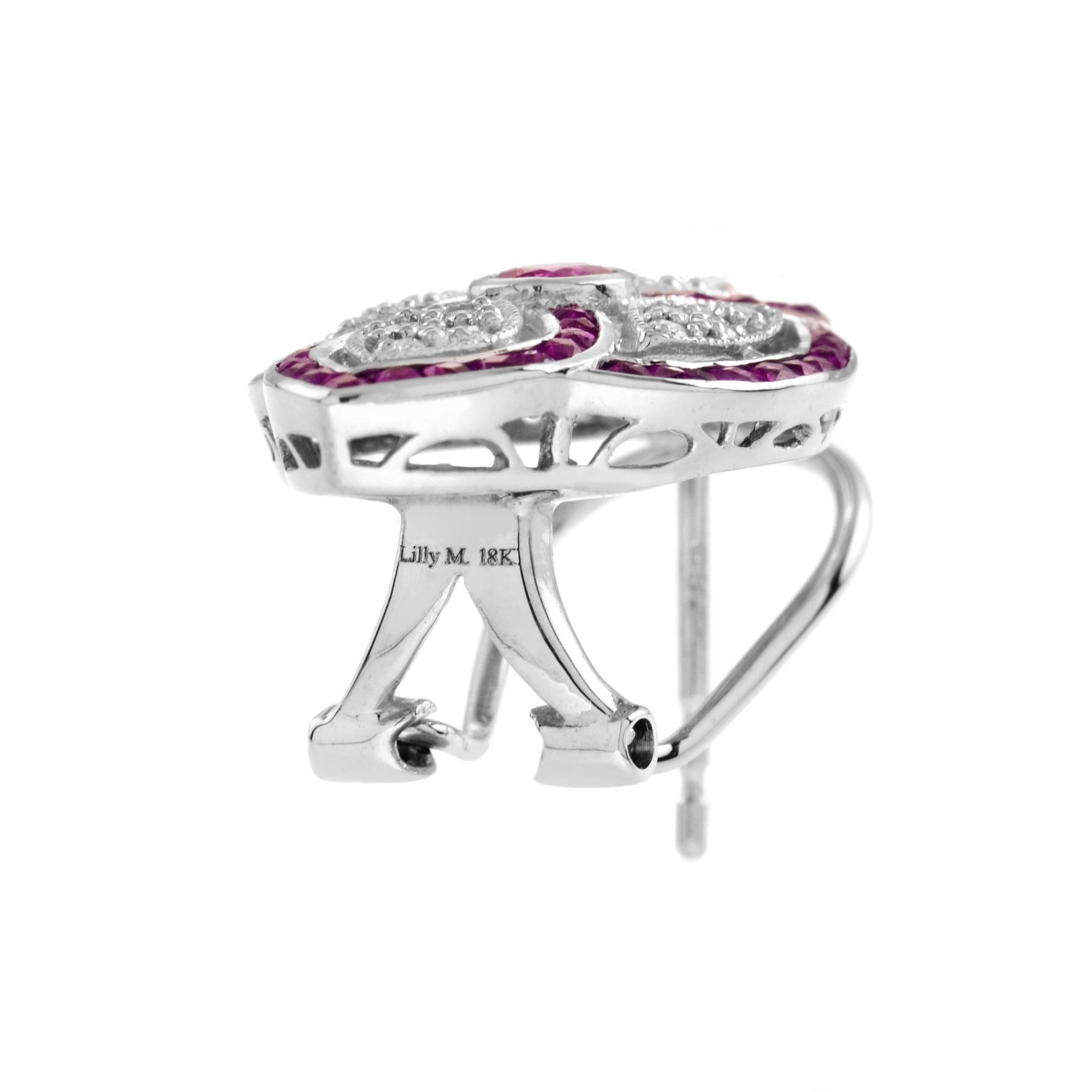 Taglio ovale Orecchini con rubino e diamante in stile Art Deco con chiusura a leva in oro bianco 18 carati in vendita