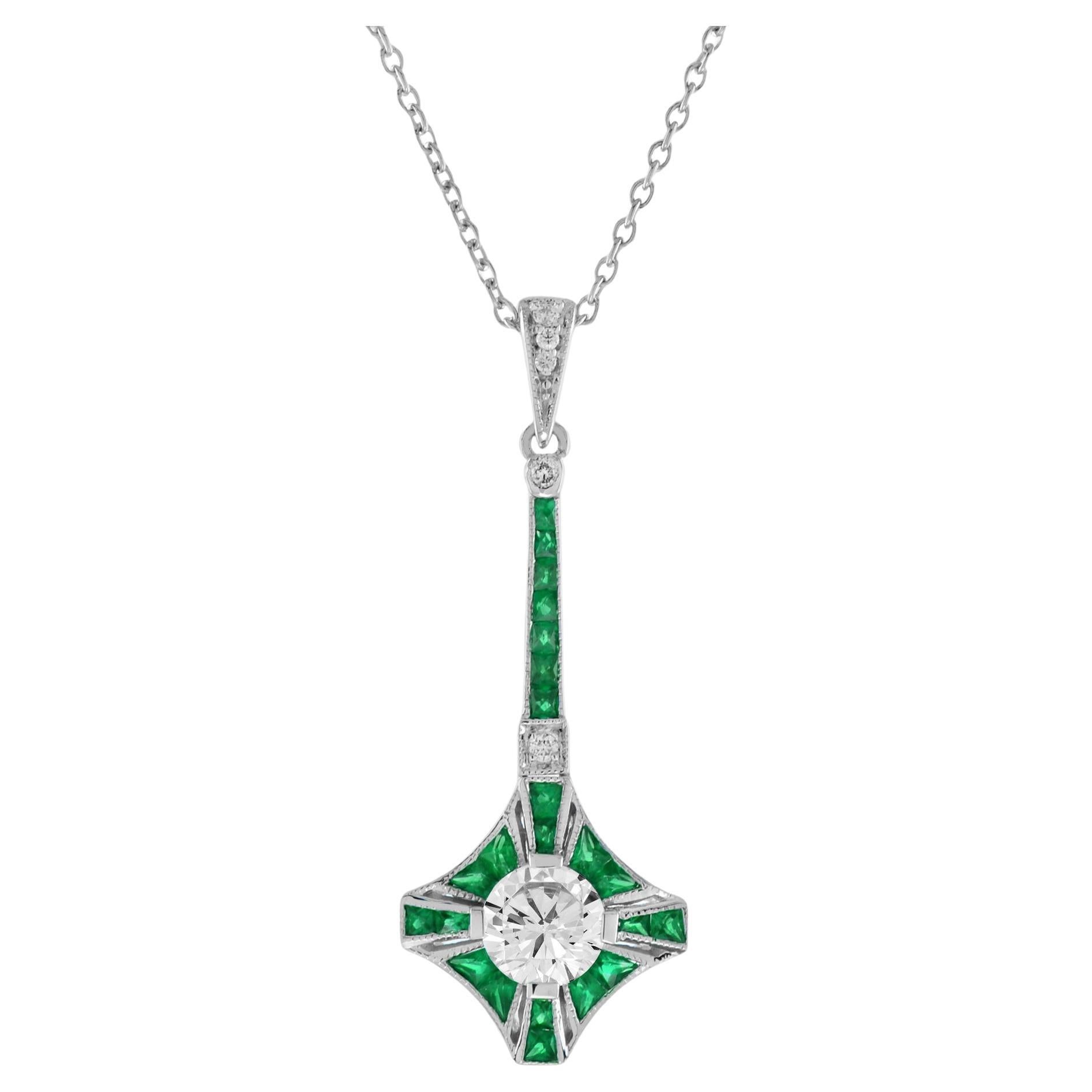 Collana con diamante rotondo e smeraldo verde in stile Art Déco in oro bianco 14 carati