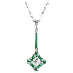 Round Diamond & Green Emerald Art Deco Style 14K White Gold Pendant Necklace