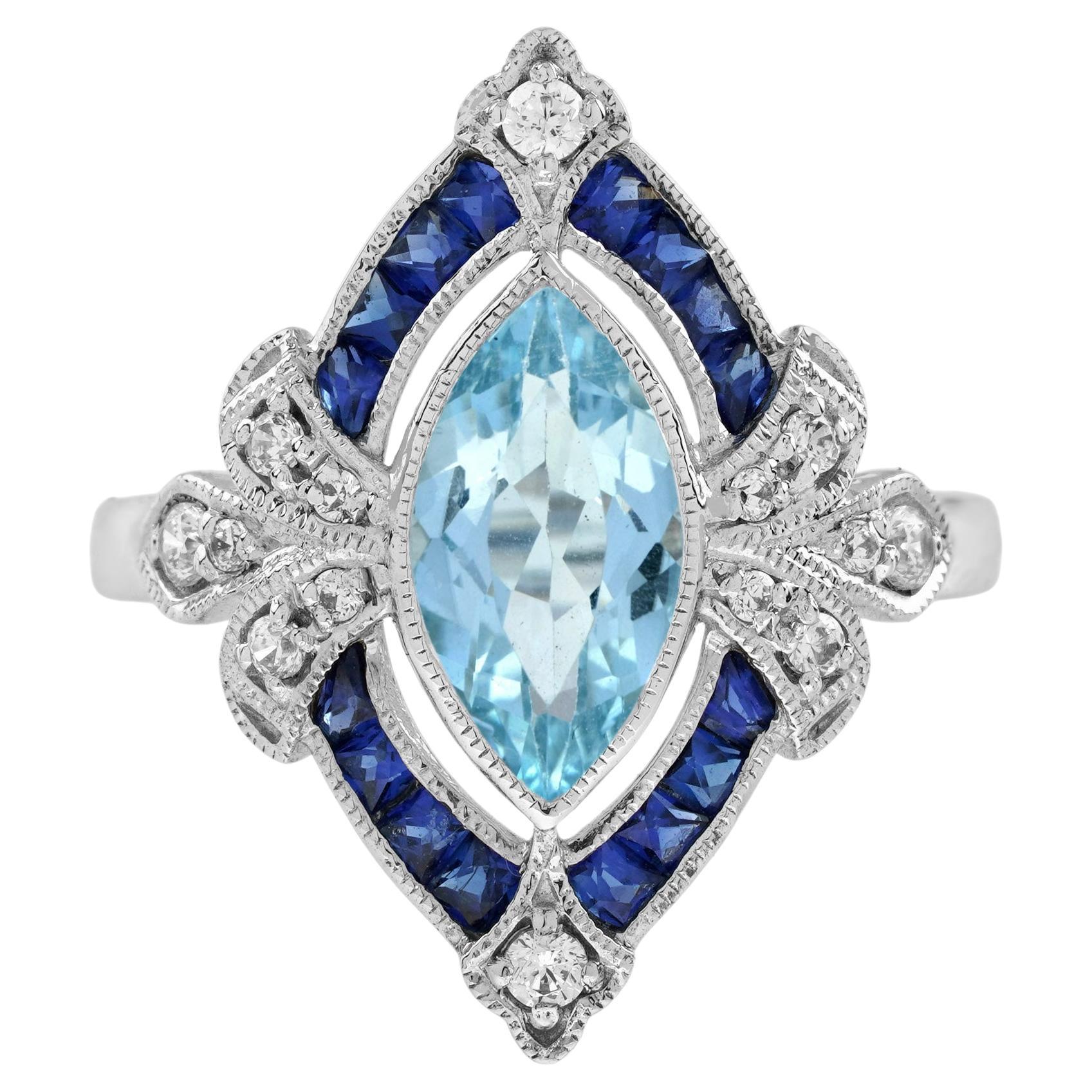 Bague en or blanc de style édouardien avec aigue-marine bleue, saphir et diamant en vente