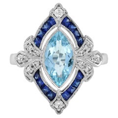 Marquise Blue Aquamarine Sapphire Diamond Edwardian Style White Gold Ring