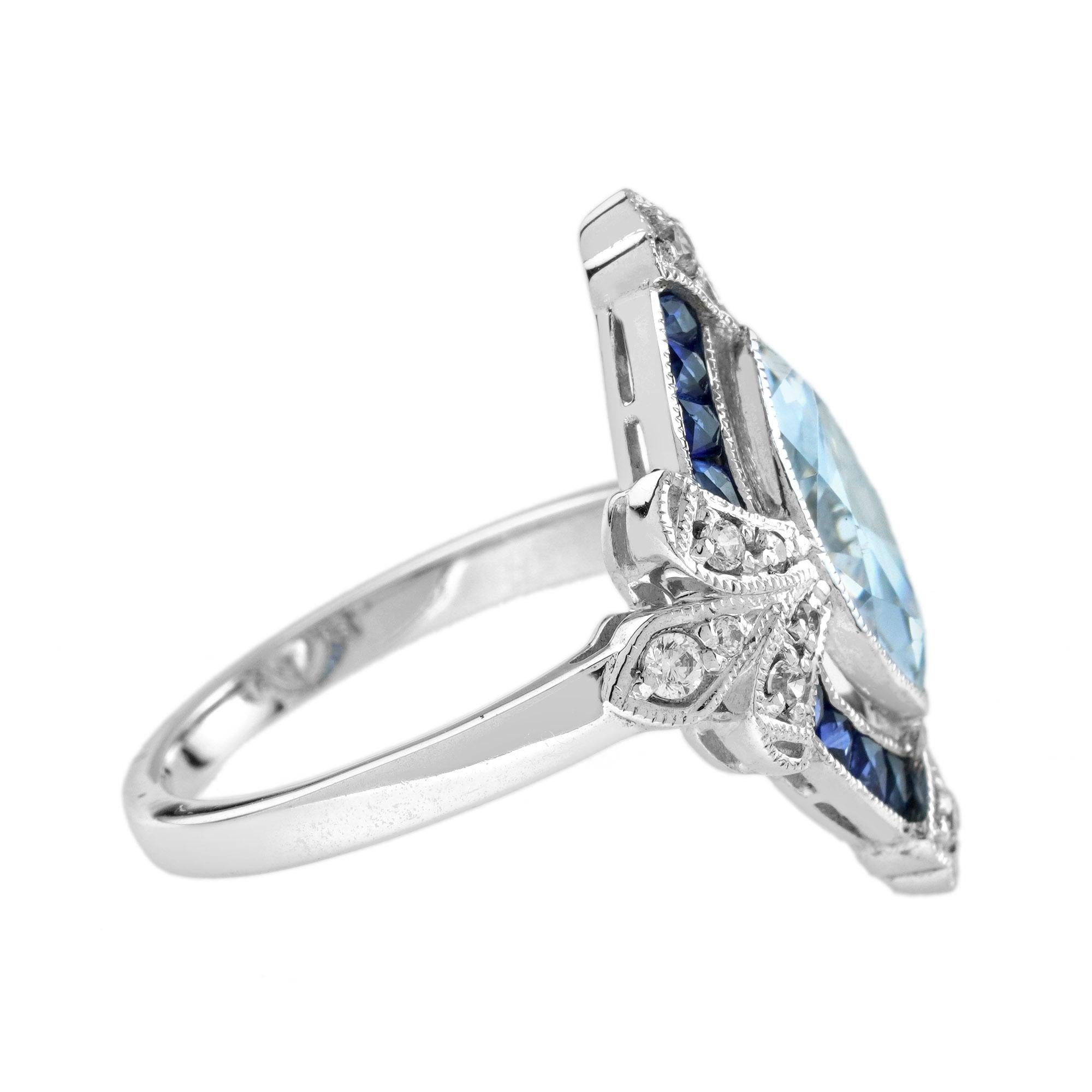 Taille Marquise Bague en or blanc de style édouardien avec aigue-marine bleue, saphir et diamant en vente