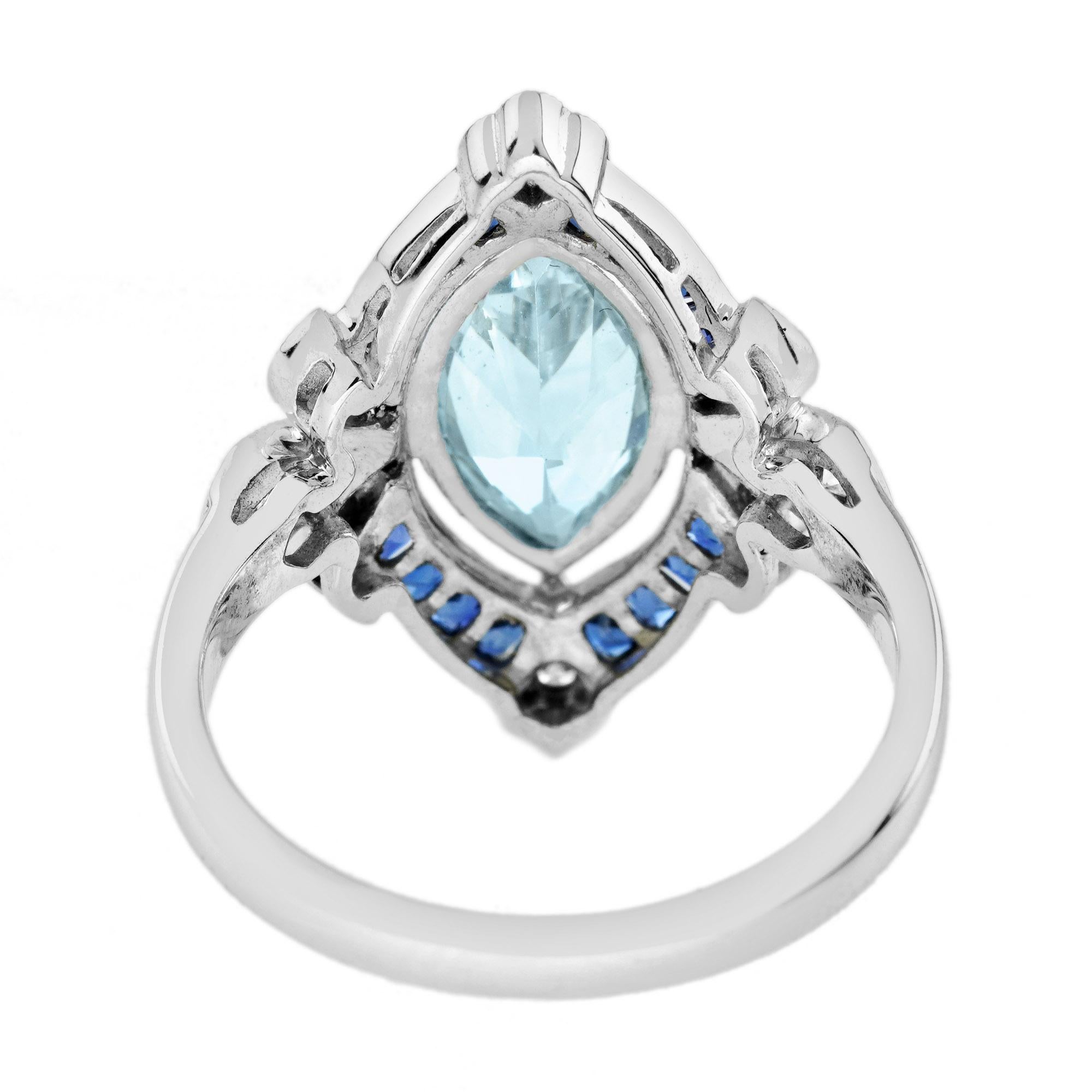 Bague en or blanc de style édouardien avec aigue-marine bleue, saphir et diamant Pour femmes en vente